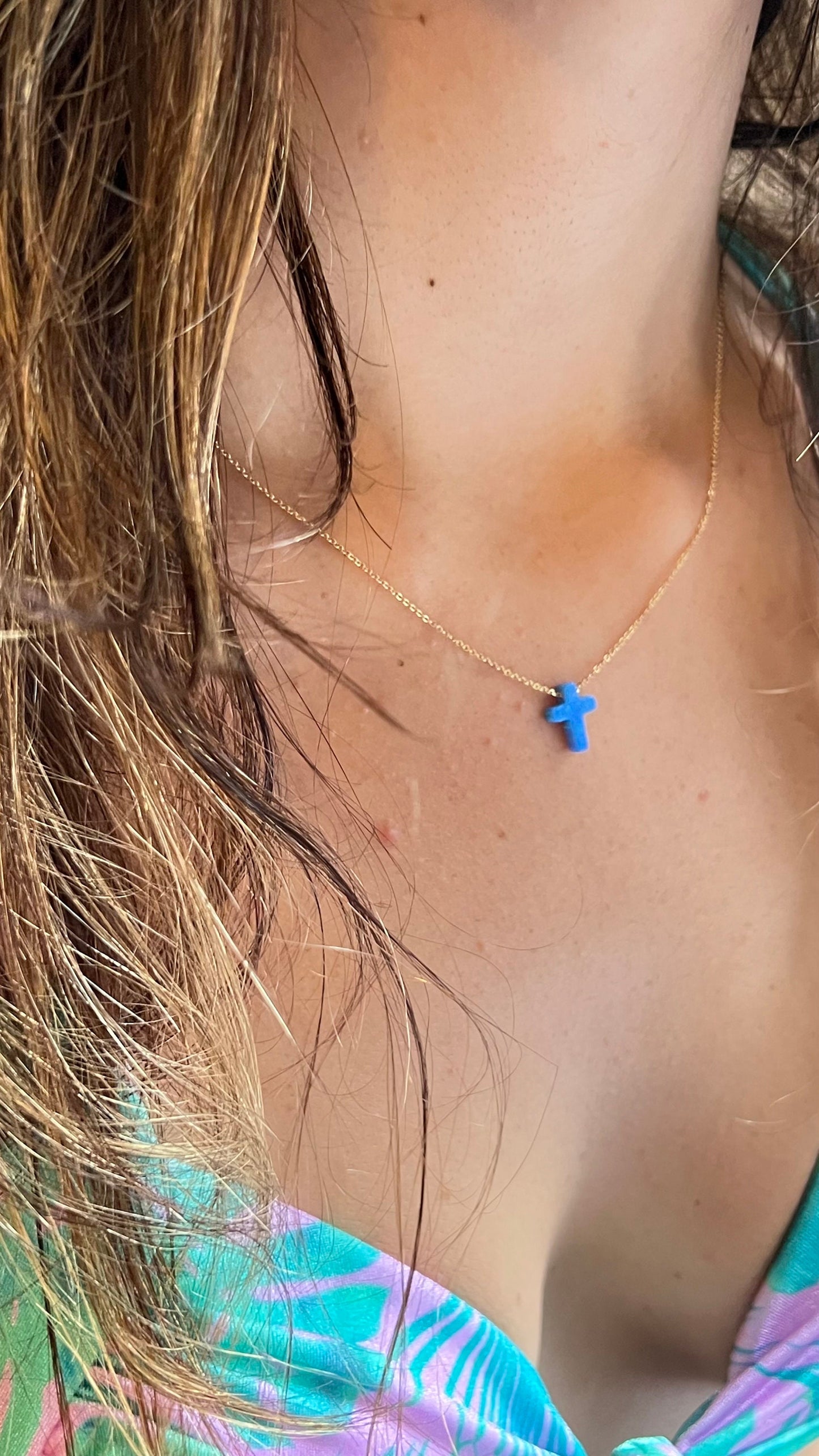 Blue Opal Cross Necklace: Gold Plated Sterling Silver, Dainty Charm