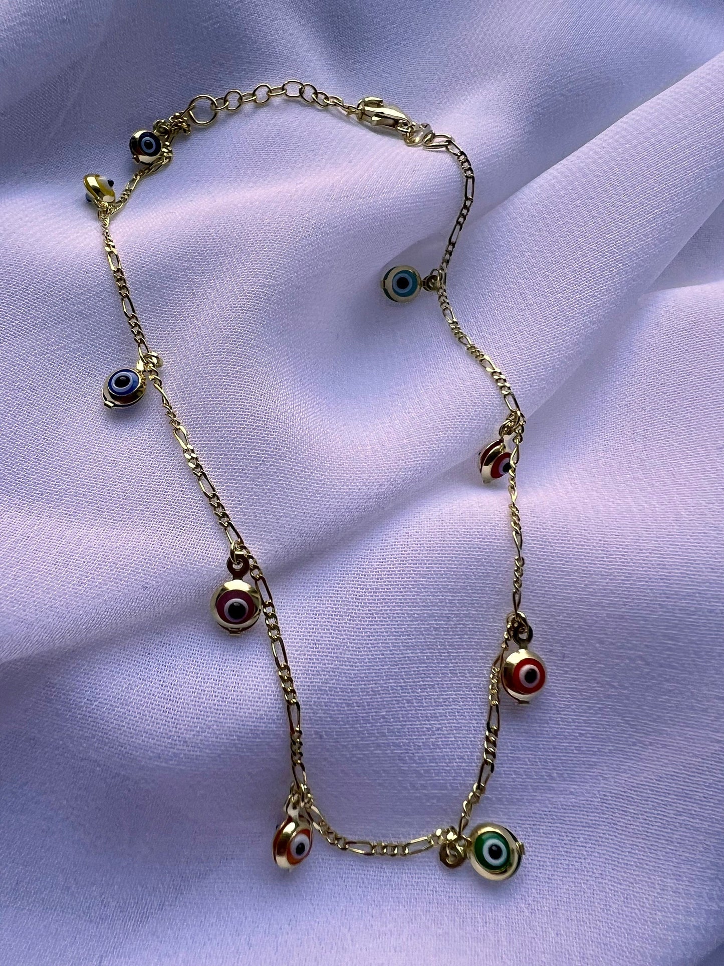 Gold Plated Evil Eye Anklet: Multicolor Boho Charm Bracelet
