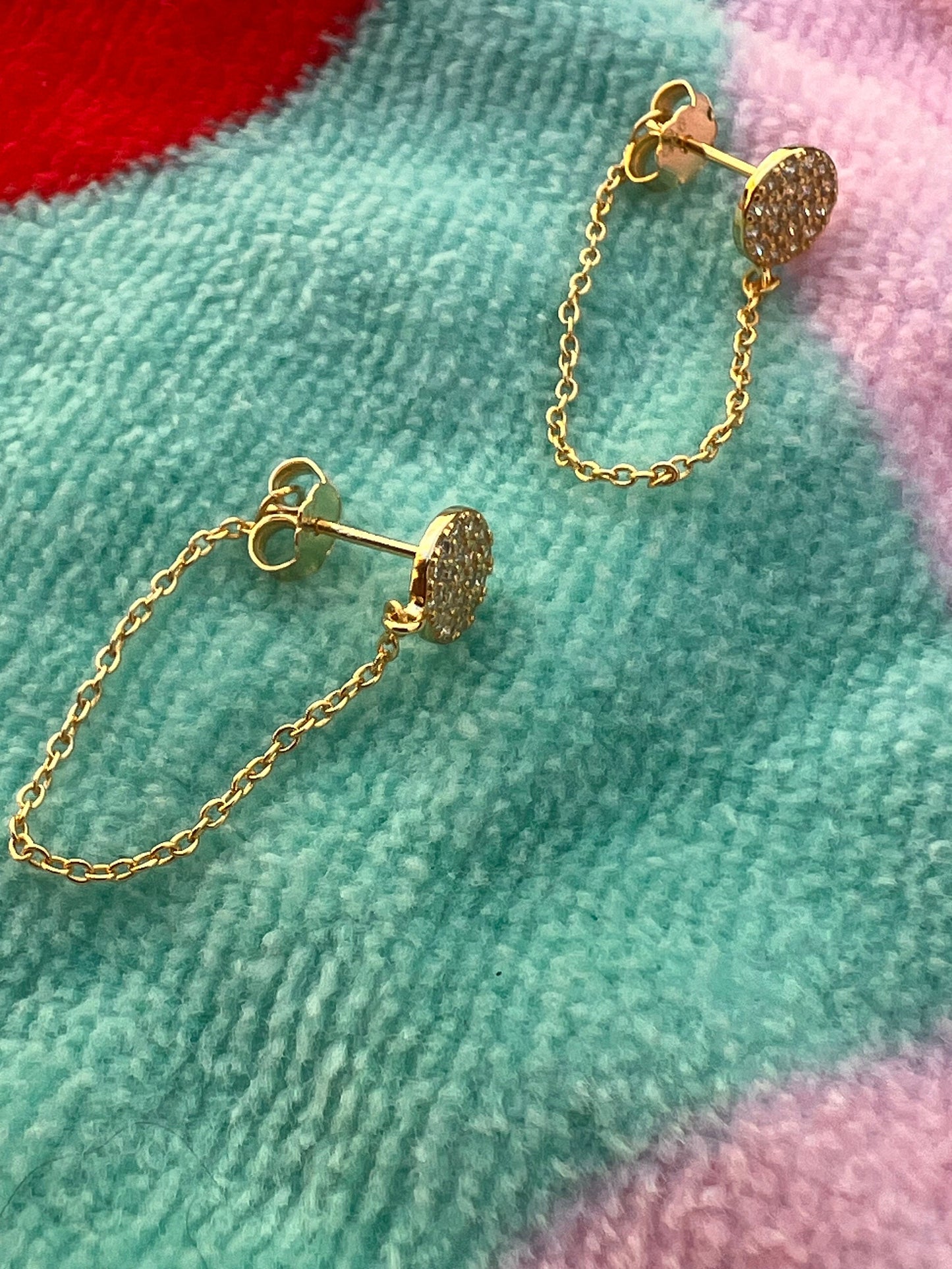 Gold Plated Chain Dangle Earrings: CZ Circle Studs