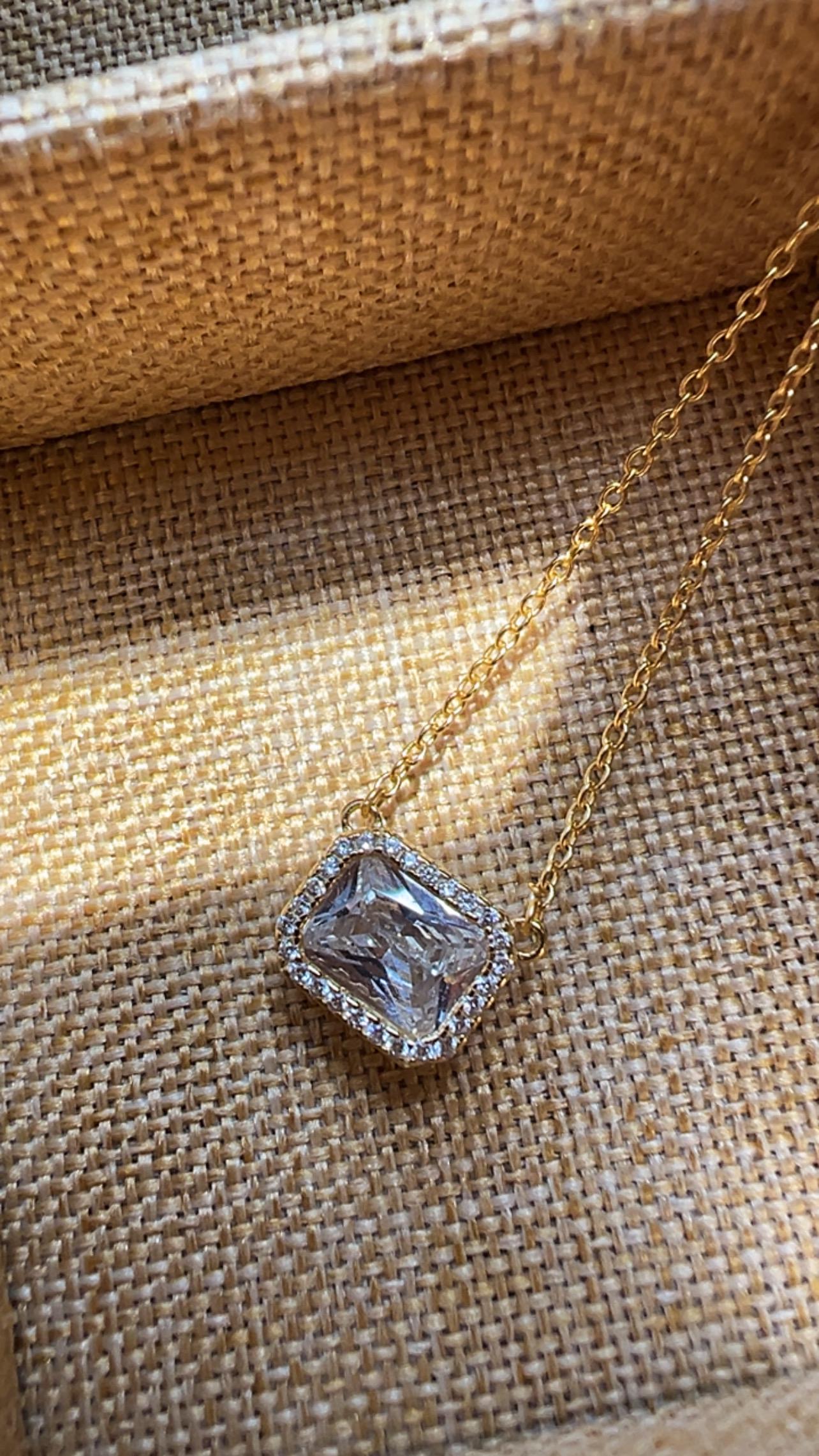 Square CZ Solitaire Necklace: 14KT Gold Plated Sterling Silver