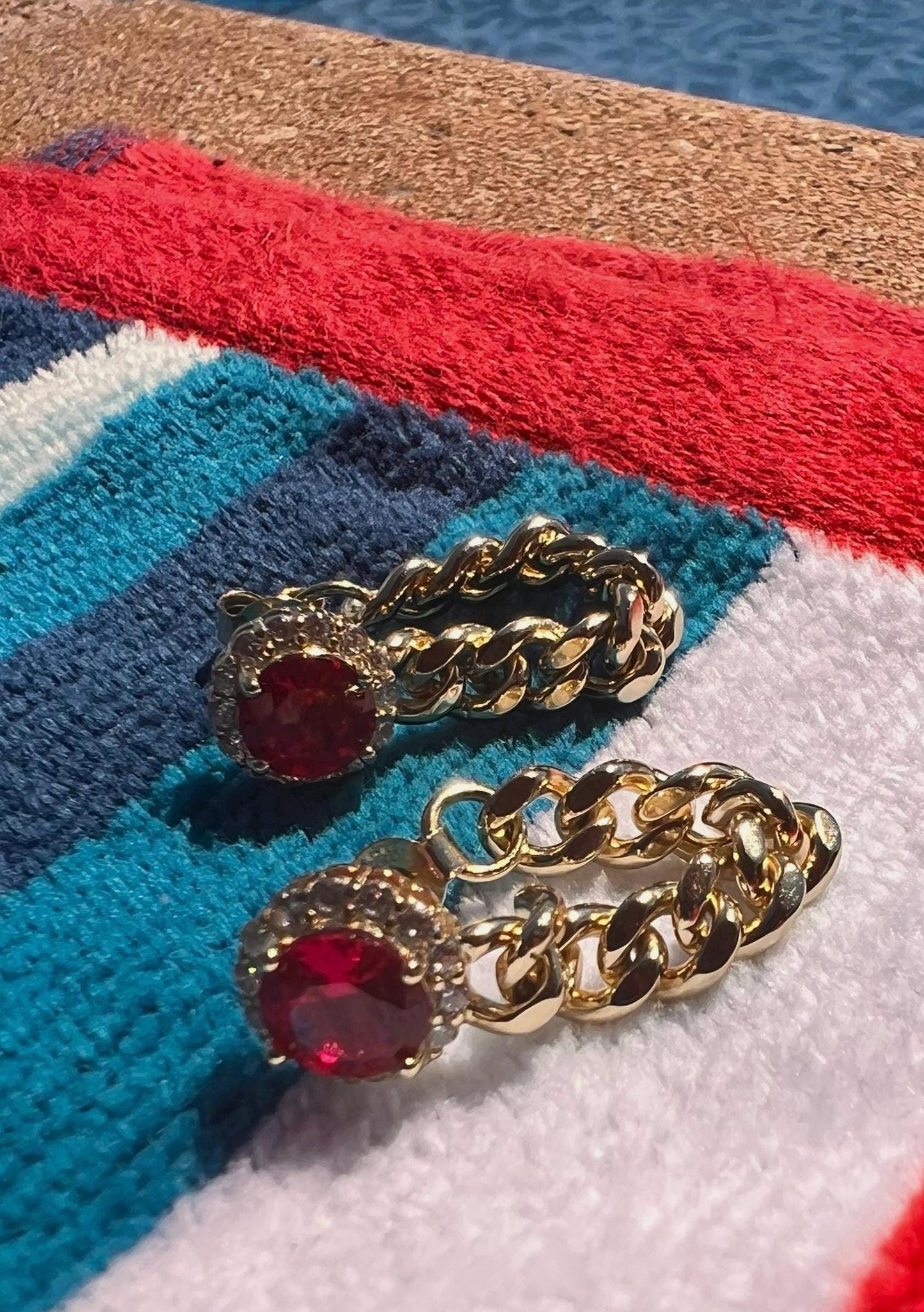Gold link earring curb chain link dangle drop earrings red stone earring cubic zirconia link earrings drop and dangle earrings gift ideas