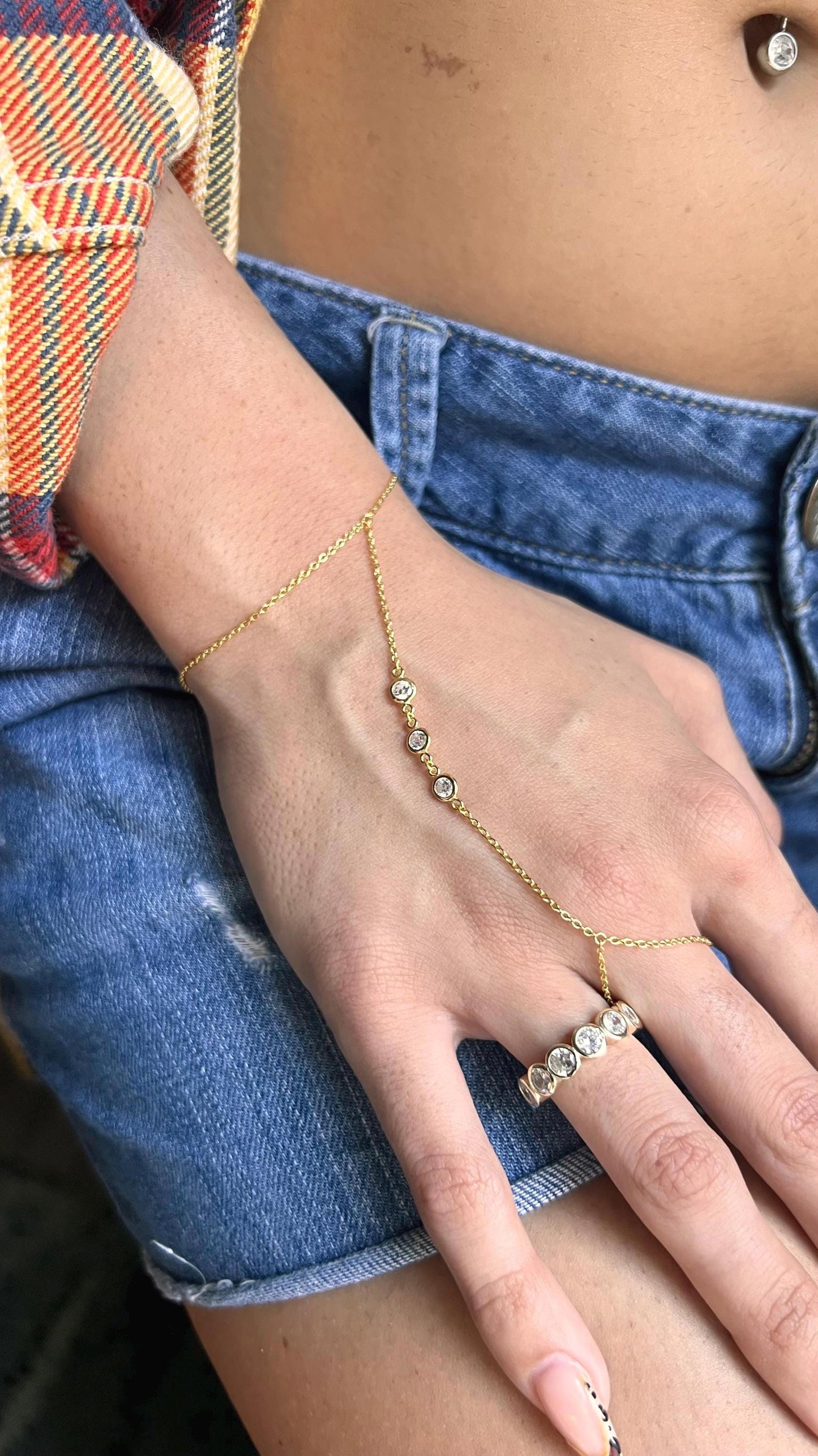 Gold Plated Hand Chain Bracelet with Cubic Zirconia