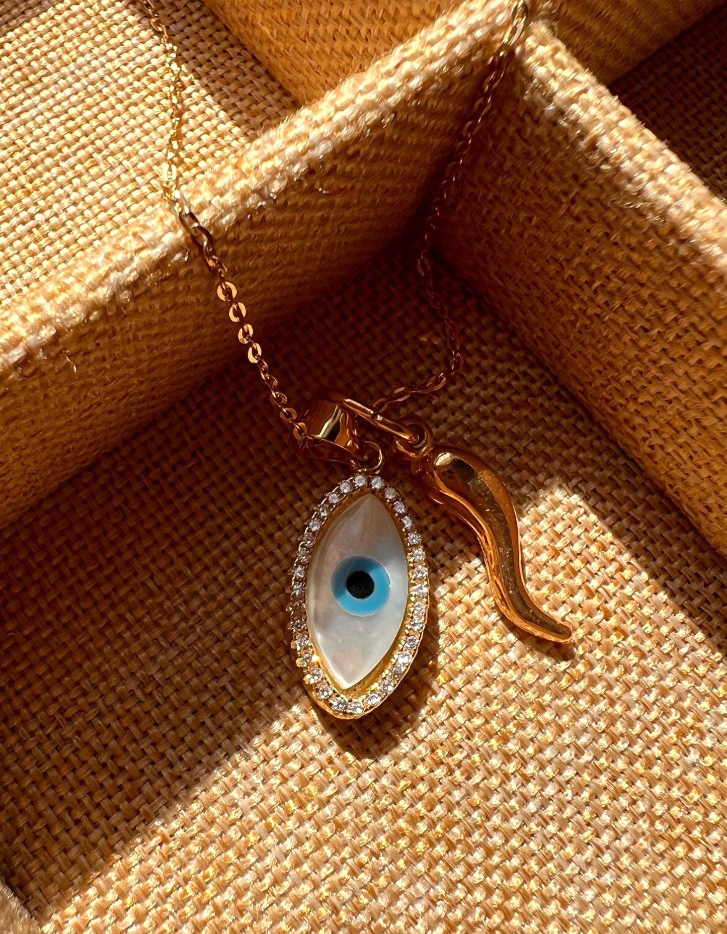 14k Gold Evil Eye Necklace: Mother of Pearl & Cubic Zirconia Horn Charm