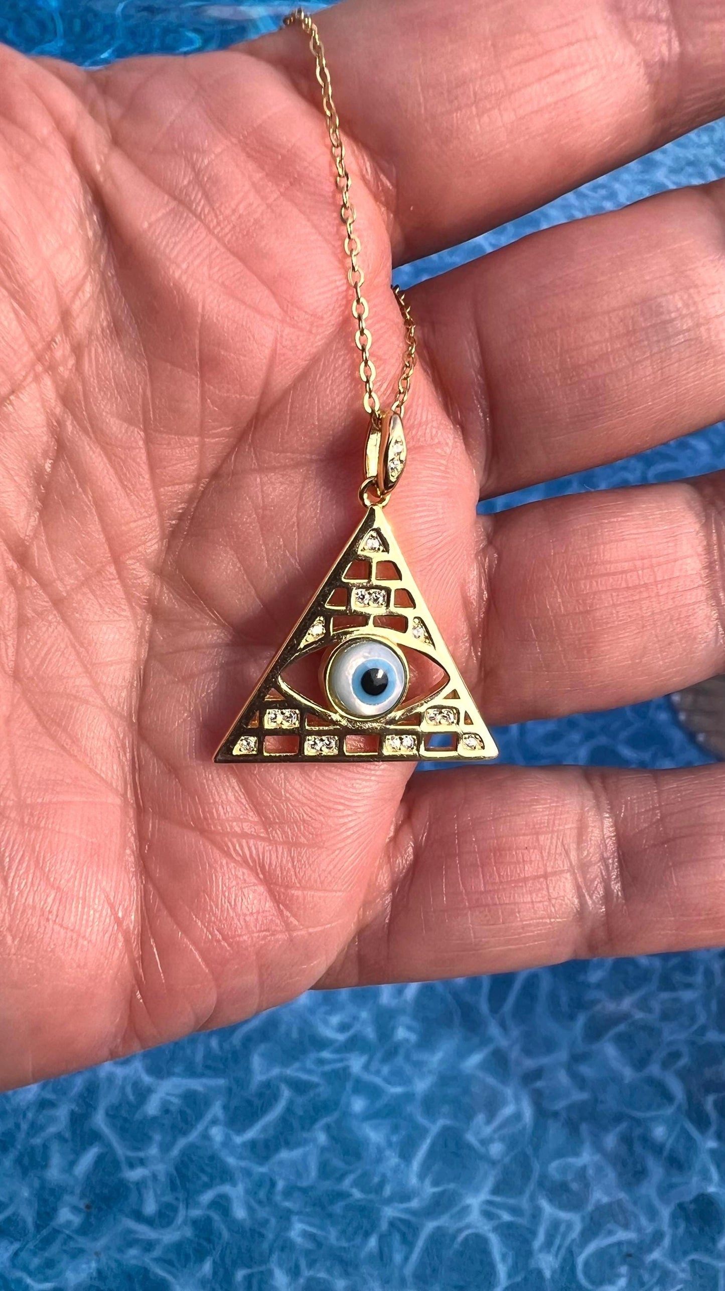 14K Gold Plated Triangle Evil Eye Pendant Necklace,Evil Eye Jewelry,Protection Jewelry, Everyday Jewelry,Unisex Jewelry