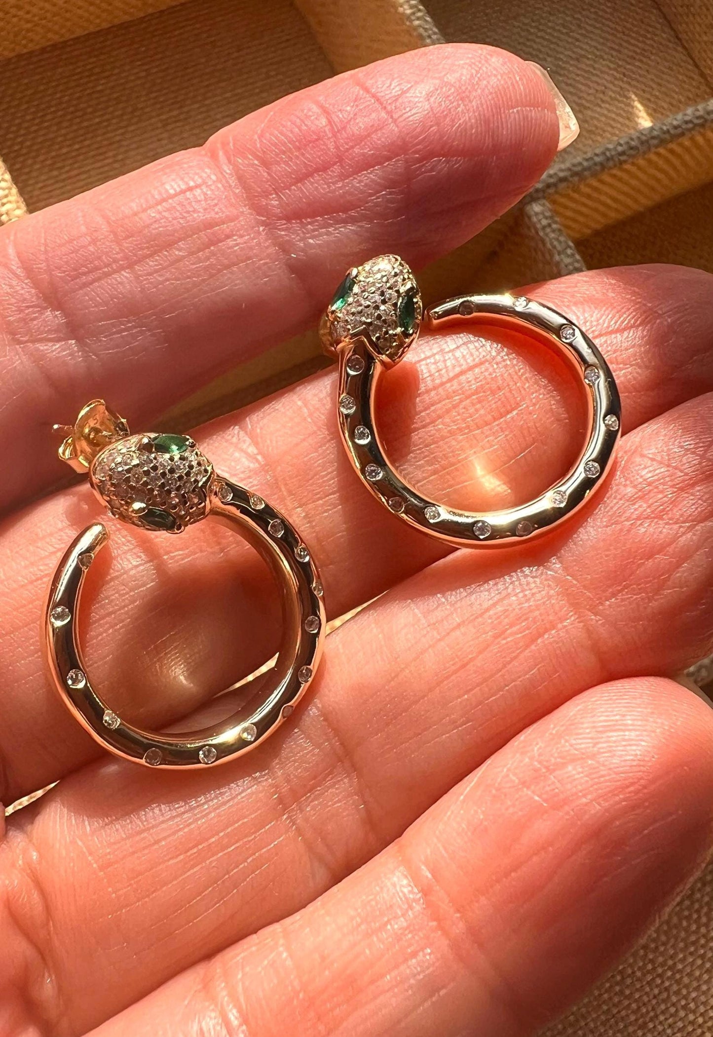 Gold Snake Earrings: CZ Serpent, 14K Gold Plated