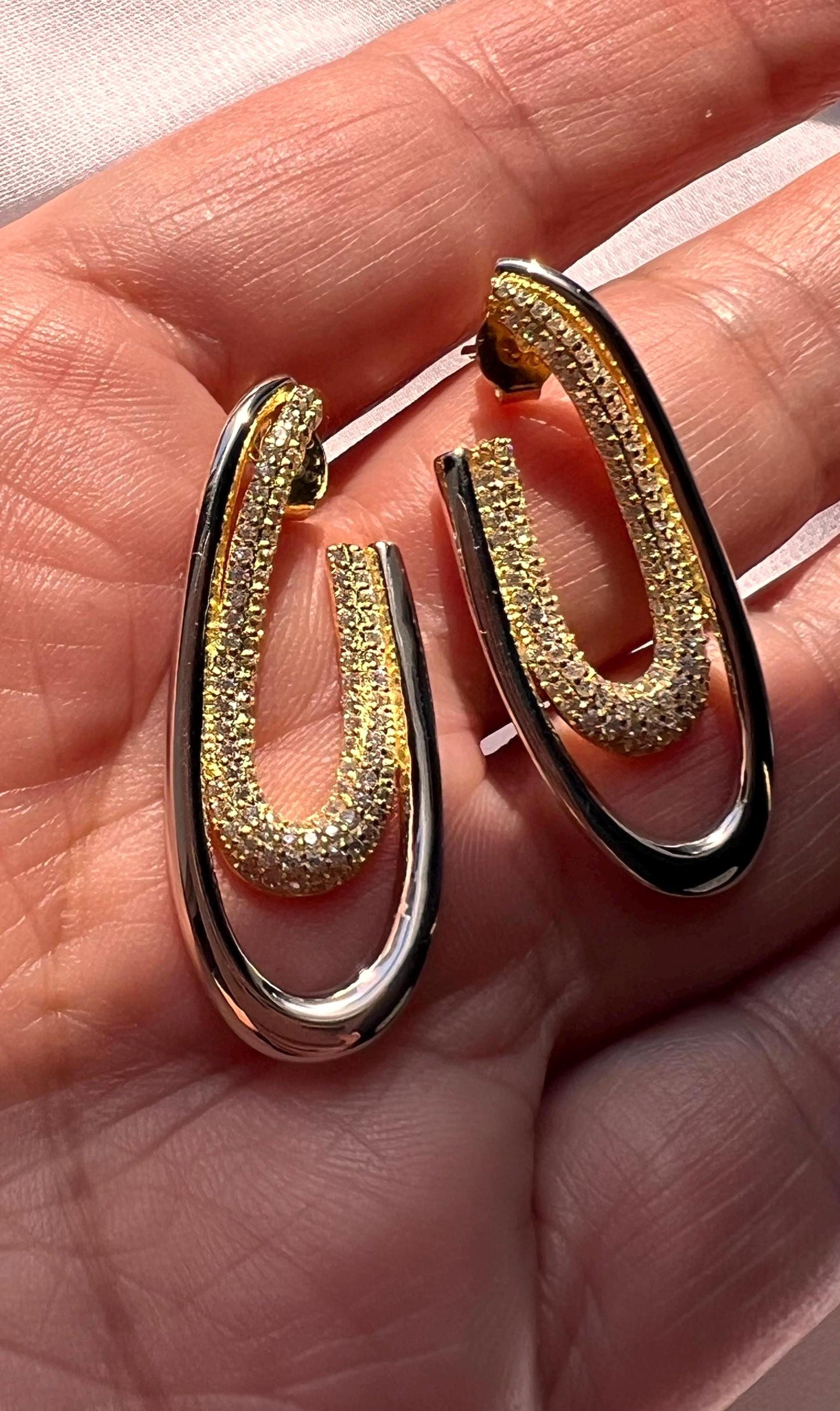 Two-Tone Oval CZ Earrings: Mixed Metal Geometric Jewelry