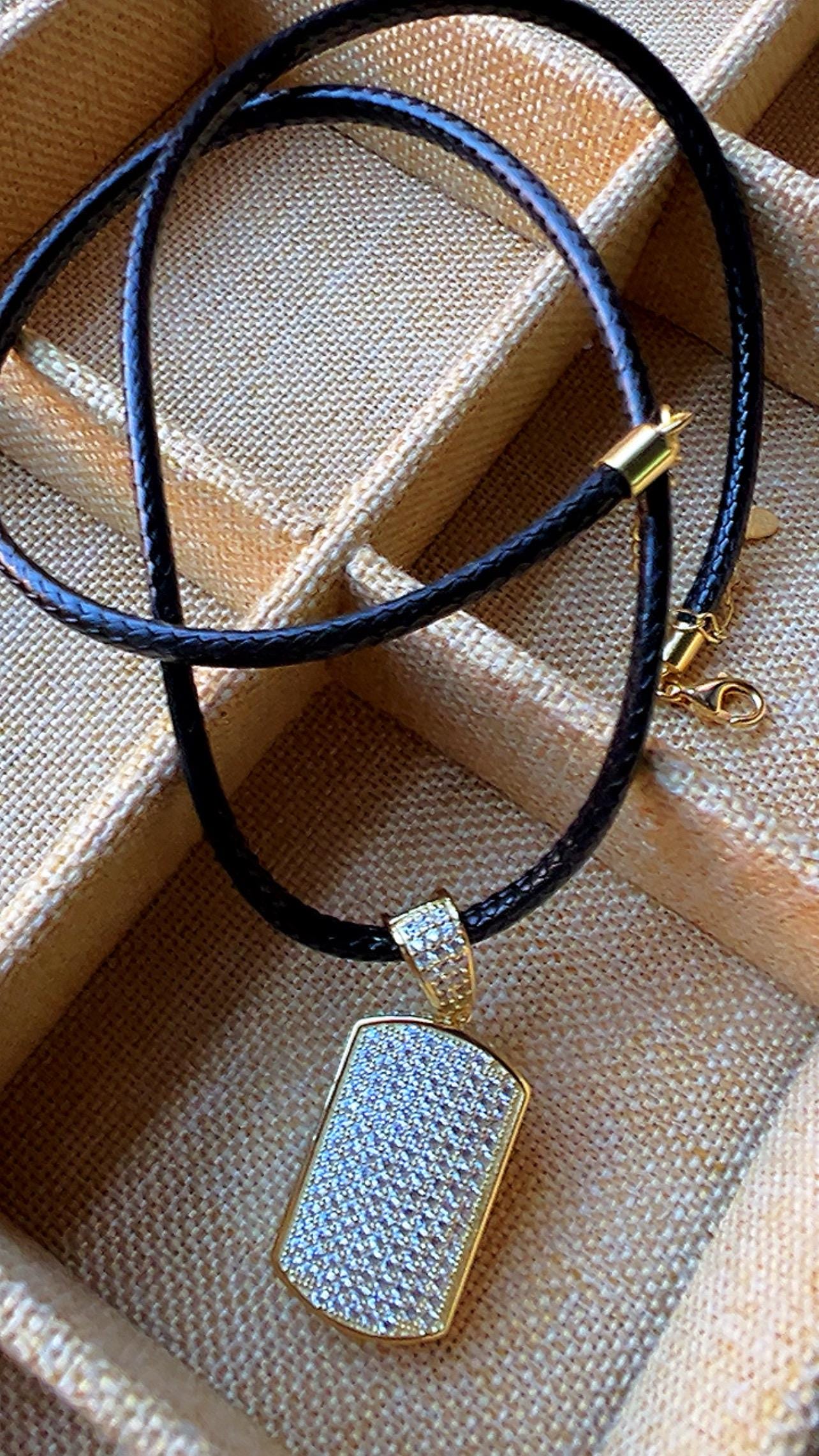 Leather Choker, 14K Gold Plated Dog Tag Pendant, Cubic Zirconia jewelry,Tag Jewelry,Pave Cubic Zirconia Silver Necklace
