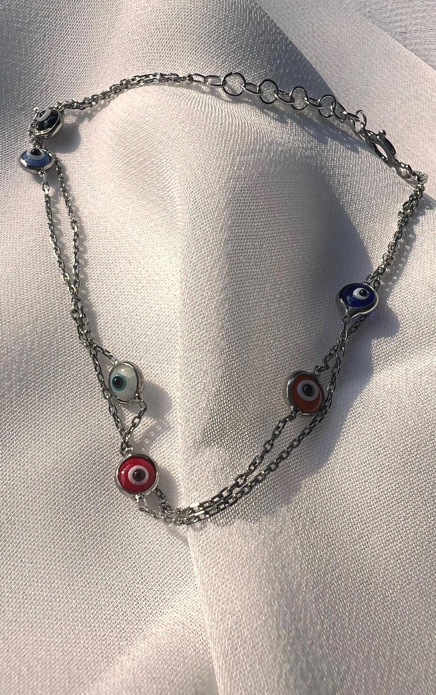 Sterling Silver Evil Eye Bracelet: Multicolored Beaded Double Link