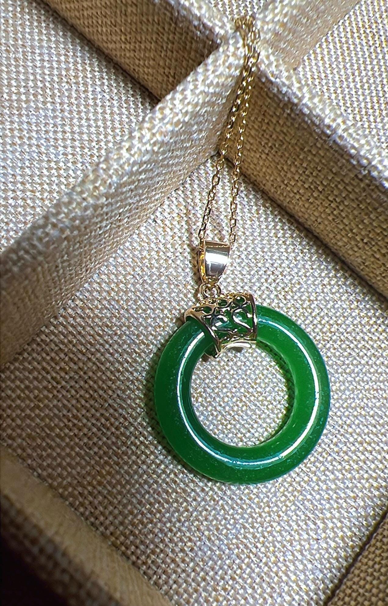 Jade Donut Pendant Necklace: 14K Gold-Plated Chain, 18 inch