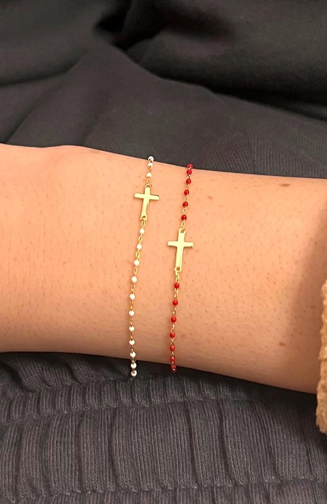 Gold Plated Beaded Cross Bracelet: Dainty Religious Jewelry