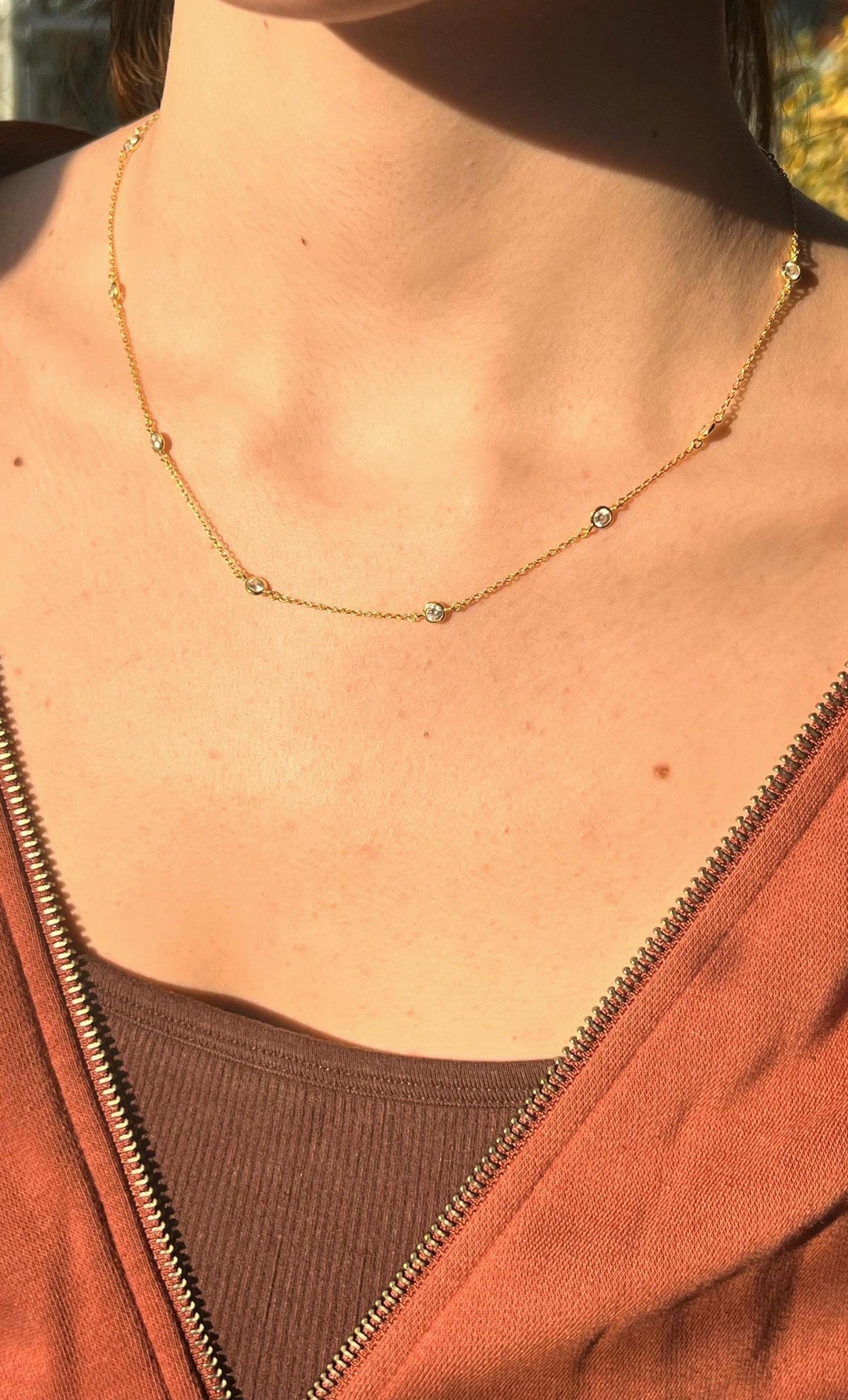 Gold Plated CZ Station Necklace: Dainty Layering Chain,Stackable Necklace,Minimalist Jewelry,Wedding