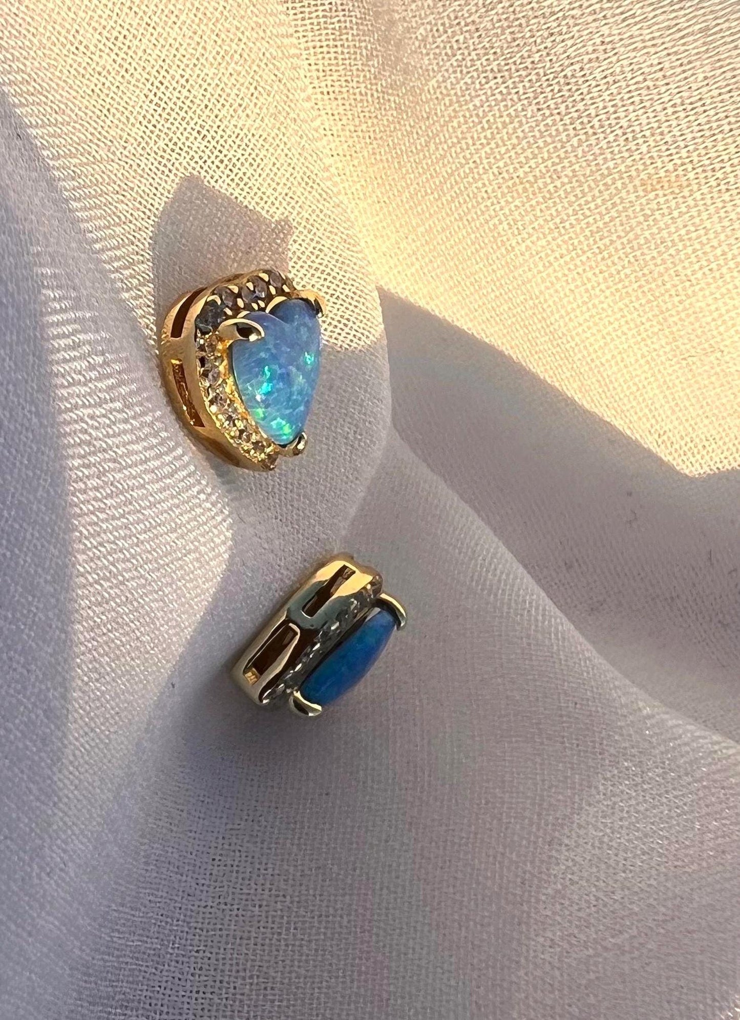 14K Gold Plated Blue Opal Heart Stud Earrings