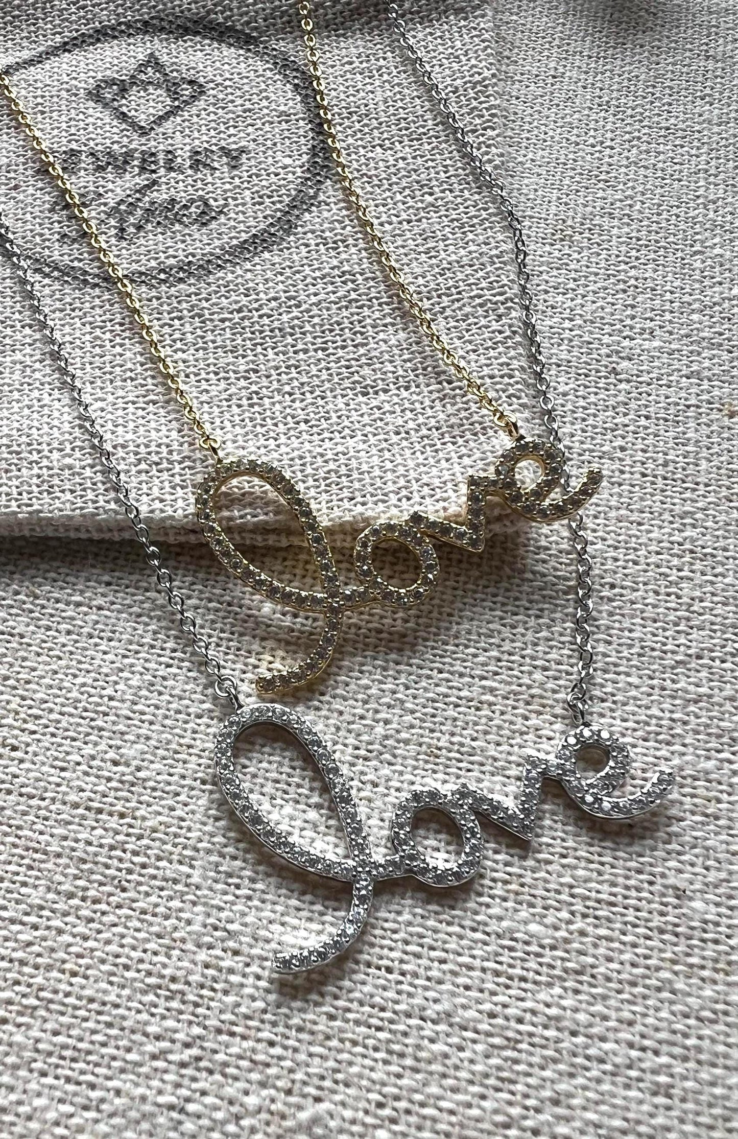 Gold Plated Love Script Necklace: Cubic Zirconia Accent