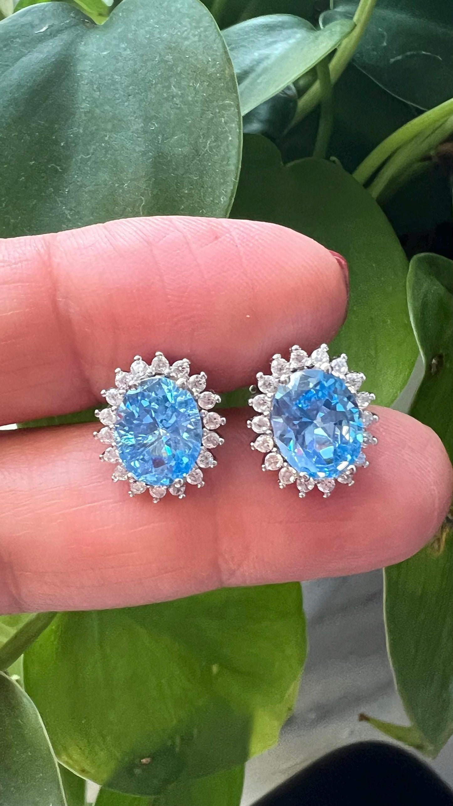 Sterling Silver Oval Blue CZ Stud Earrings: Halo Gemstone Jewelry