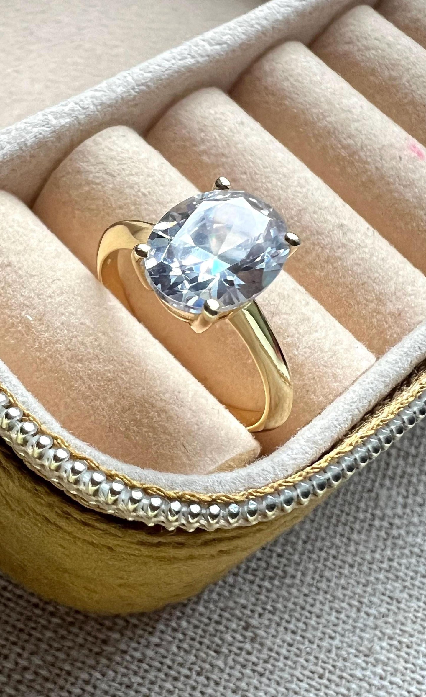 Gold Oval Cubic Zirconia Solitaire Ring: 14k Gold Plated Sterling Silver