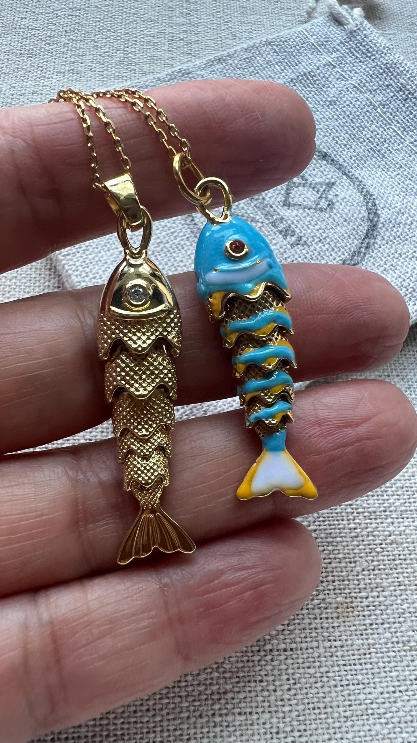 Movable Gold Fish Pendant Necklace: 18K Gold Filled, Sterling Silver Chain