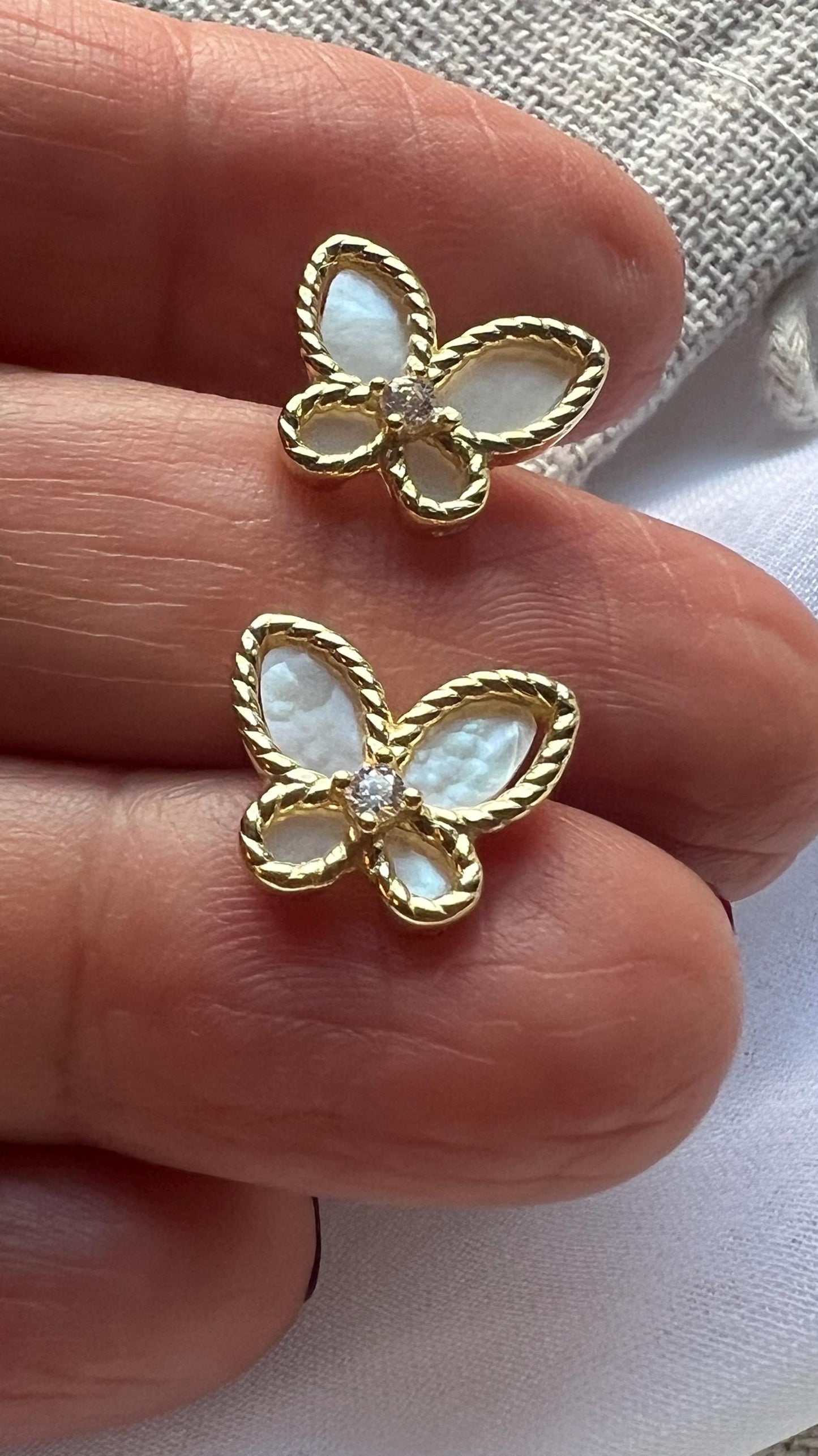 14K Gold Plated Butterfly Stud Earrings, Mother of Pearl, Dainty Jewelry