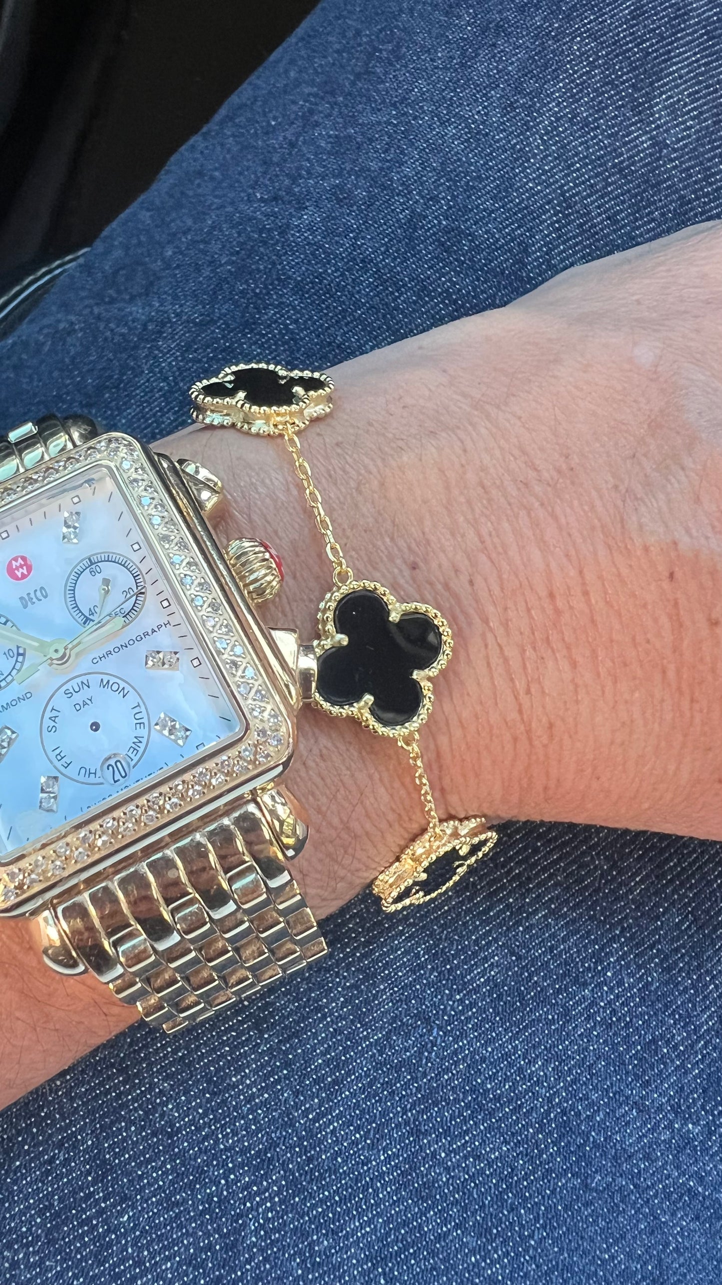 Gold Clover Bracelet,Black Onyx Clover Bracelet