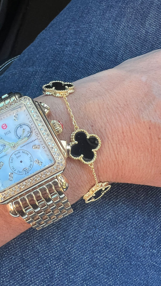 Gold Clover Bracelet,Black Onyx Clover Bracelet