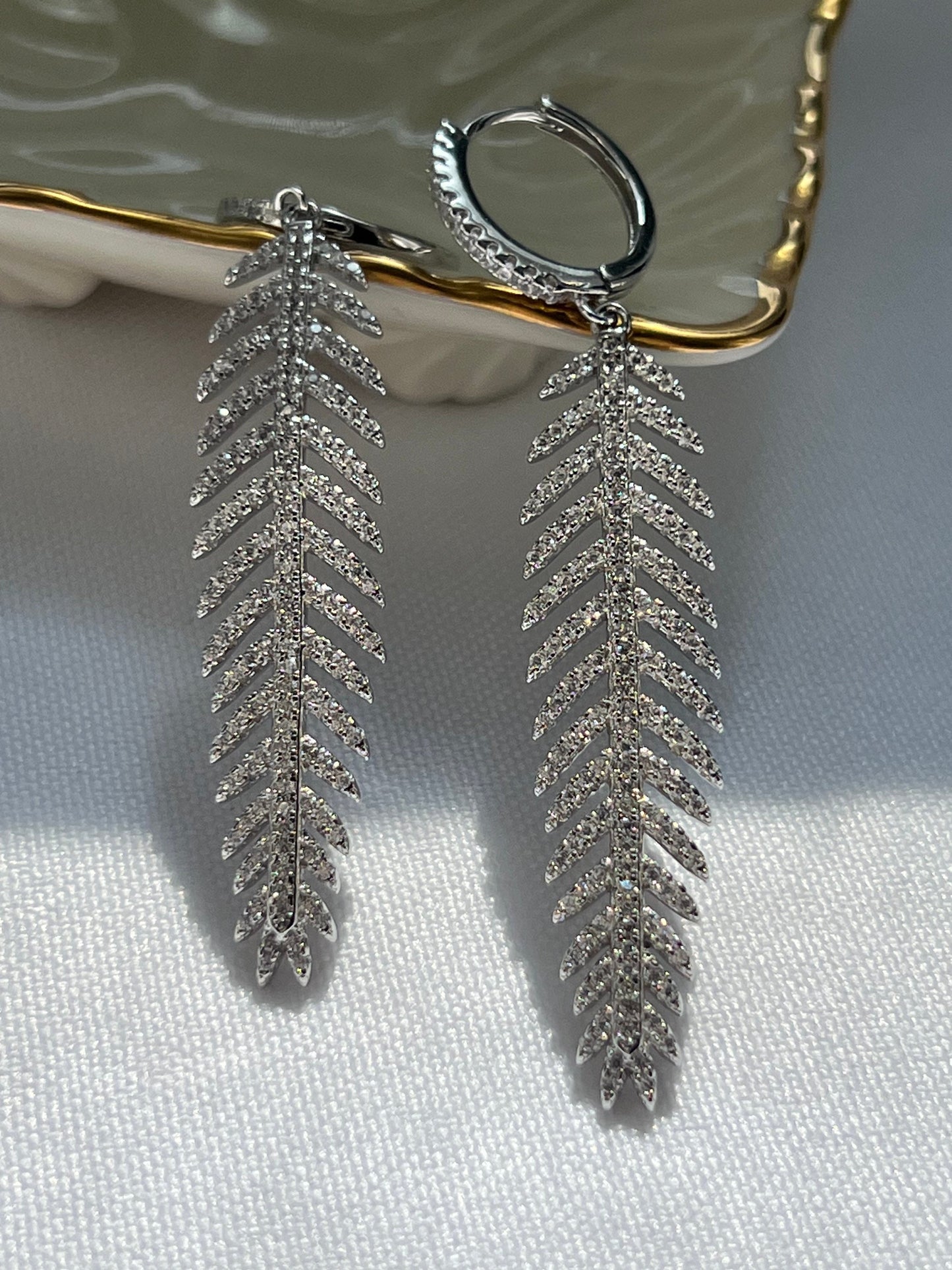 Sterling Silver Feather Dangle Earrings: Cubic Zirconia Leaf Drop Earrings