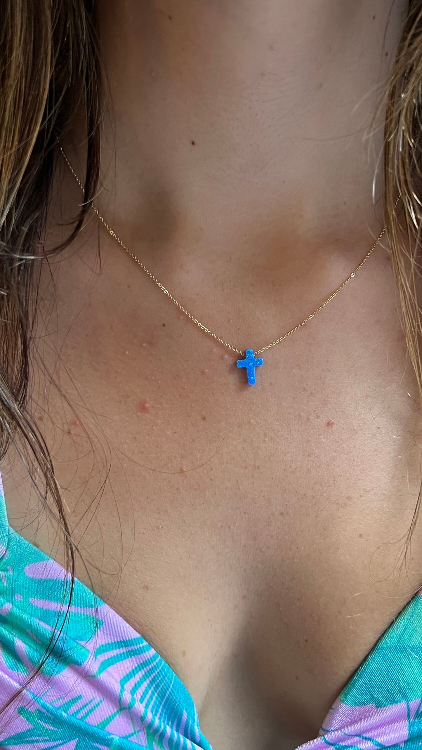 Blue Opal Cross Necklace: Gold Plated Sterling Silver, Dainty Charm