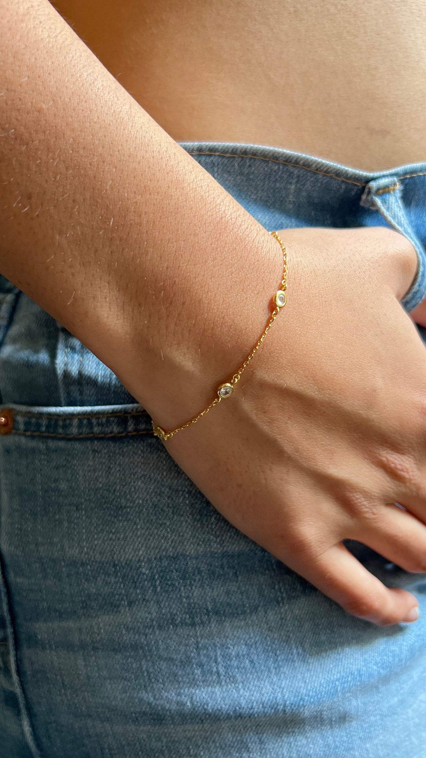 Gold CZ by the Yard Bracelet: Sterling Silver Dainty Chain