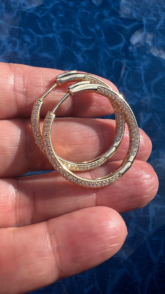 Gold Plated CZ Hoop Earrings: Sterling Silver, 1 Inch