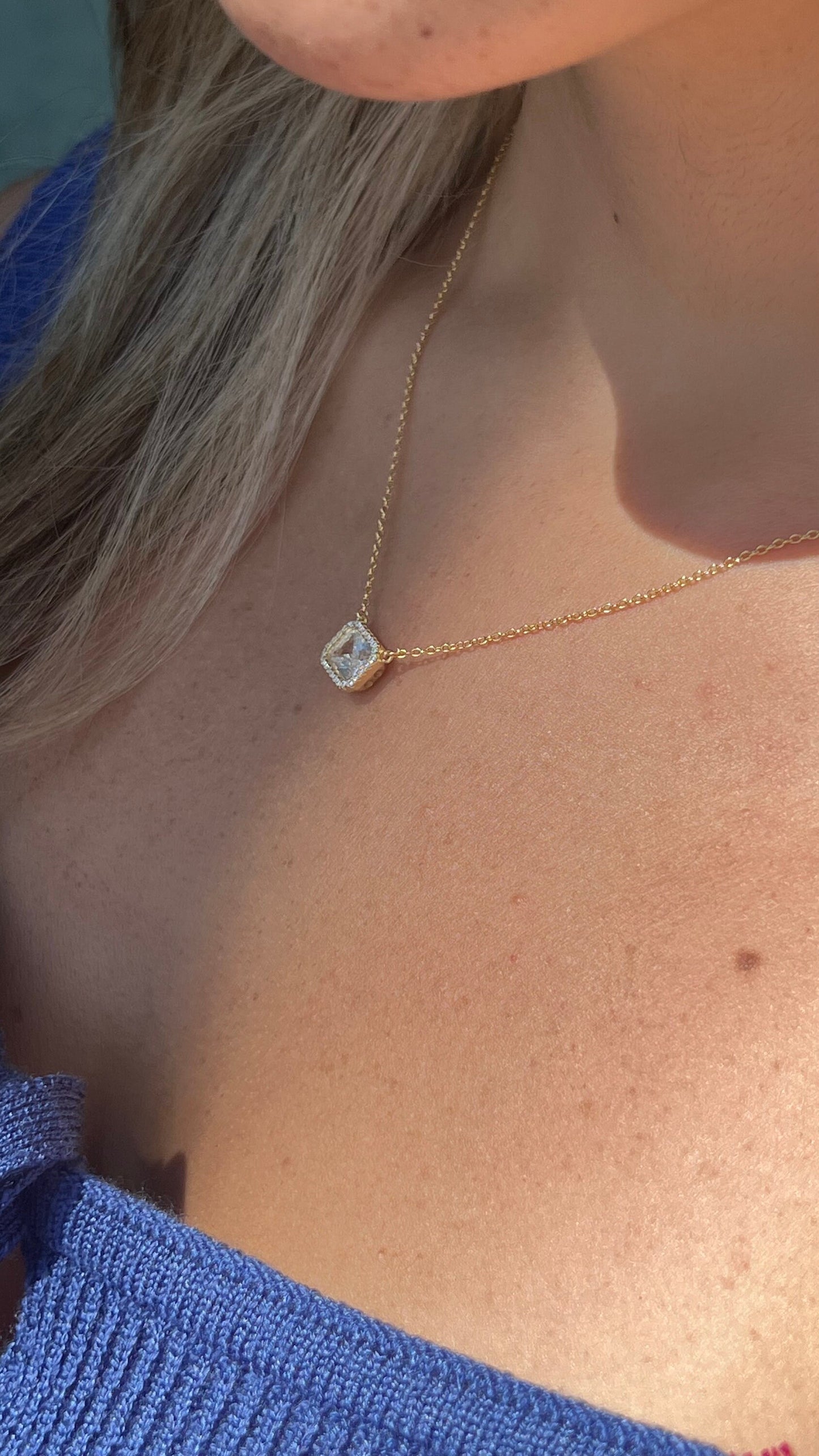 Square CZ Solitaire Necklace: 14KT Gold Plated Sterling Silver