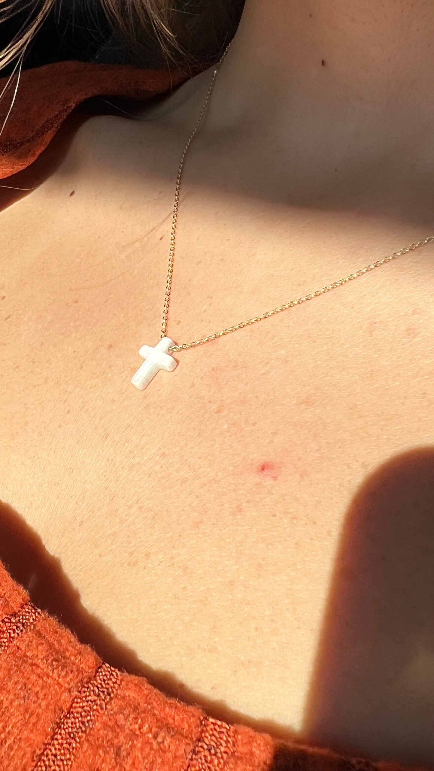 White Opal Cross Necklace: 14k Gold Plated Sterling Silver Pendant