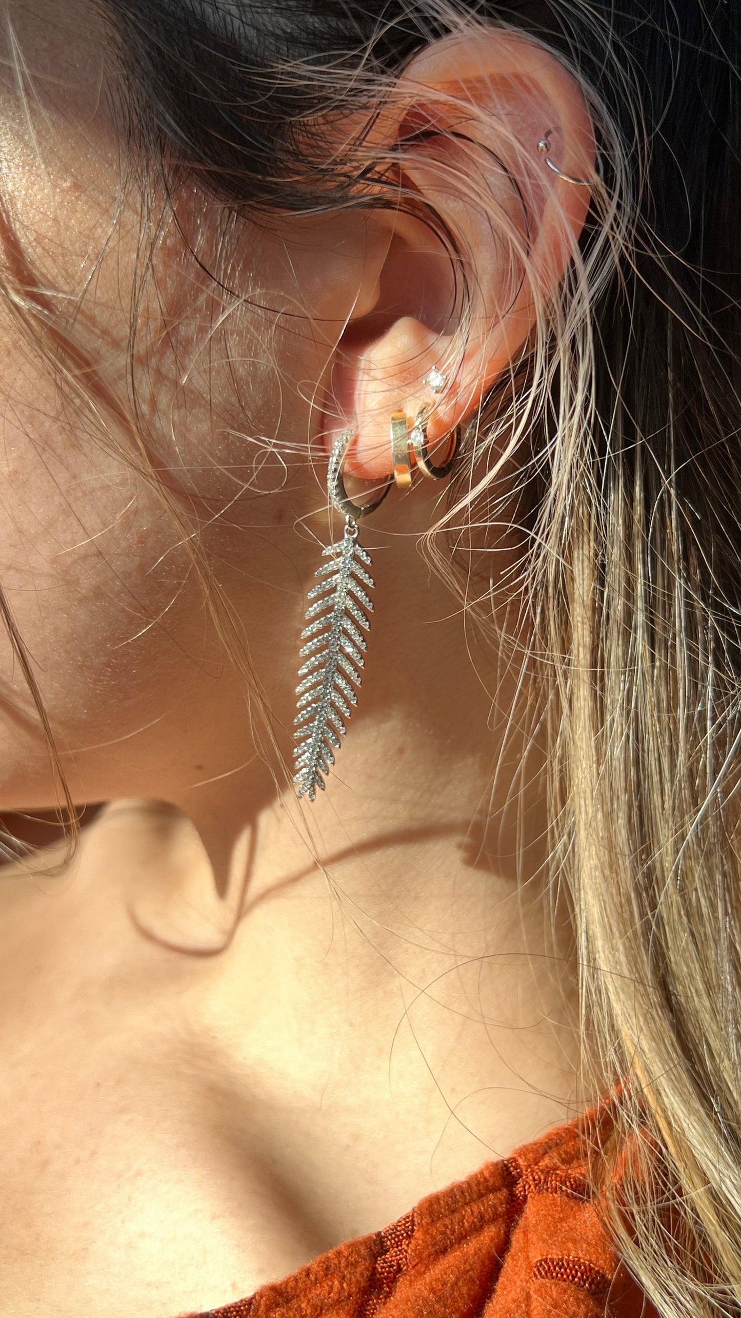 Sterling Silver Feather Dangle Earrings: Cubic Zirconia Leaf Drop Earrings