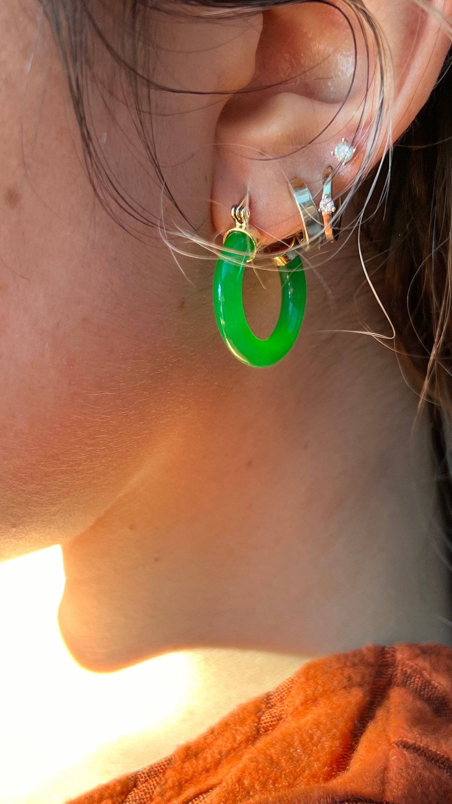 Green Jade Hoop Earrings: 18Kt Gold Filled, Gemstone Statement Earrings Boho Chic Jewelry,Girlfriend Gift