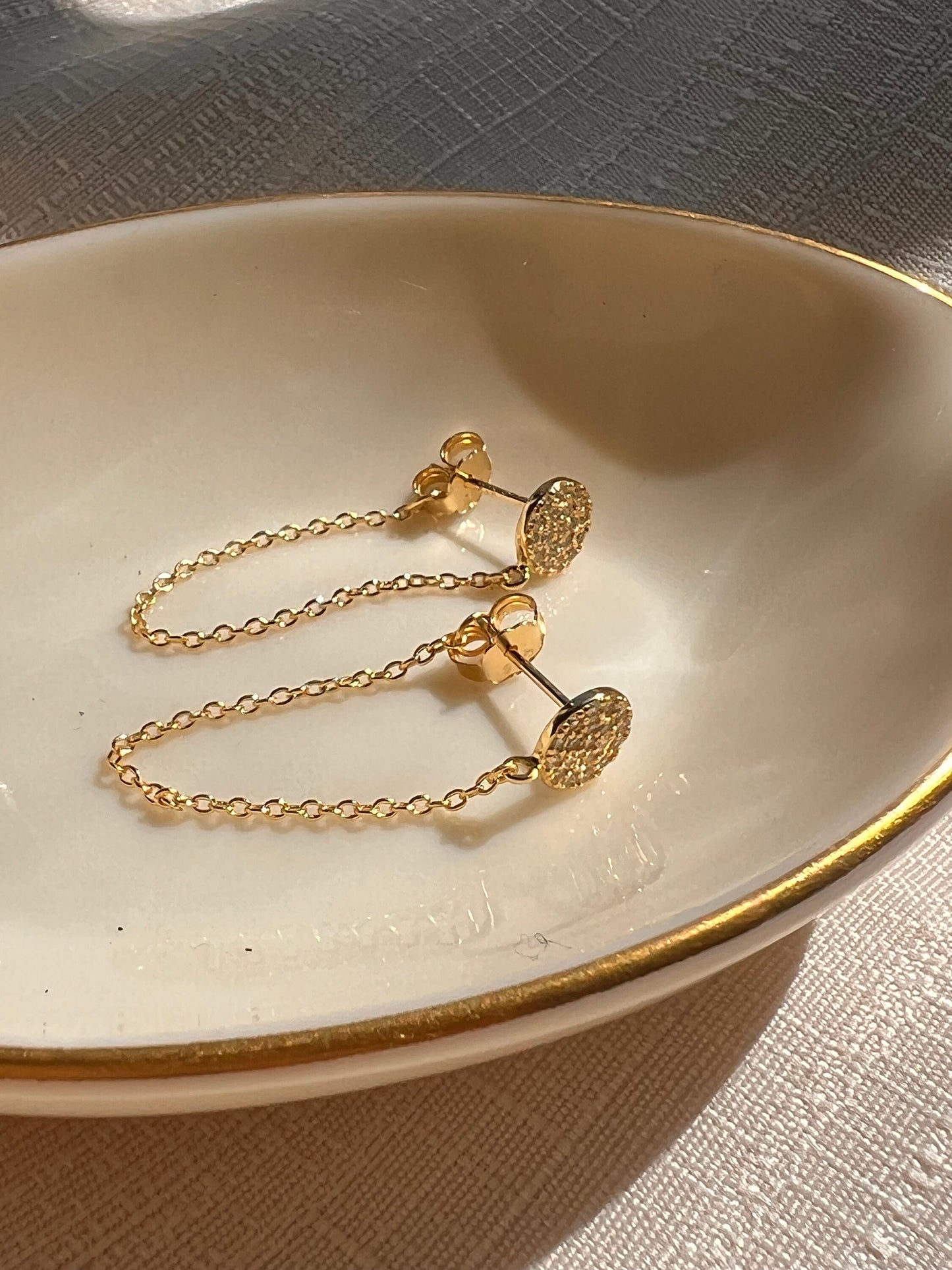 Gold Plated Chain Dangle Earrings: CZ Circle Studs