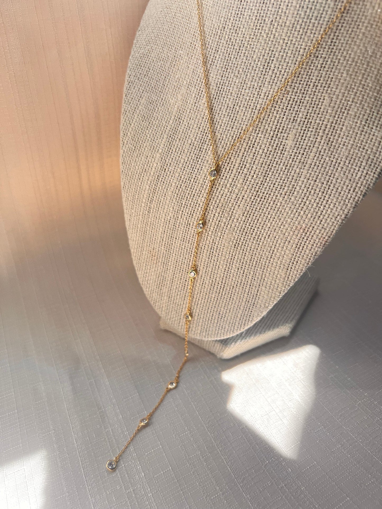 14 K Gold Plated Lariat Necklace with CZ Dainty Layering necklace minimalist gold jewelry CZ drop pendant gift for her everyday jewelry