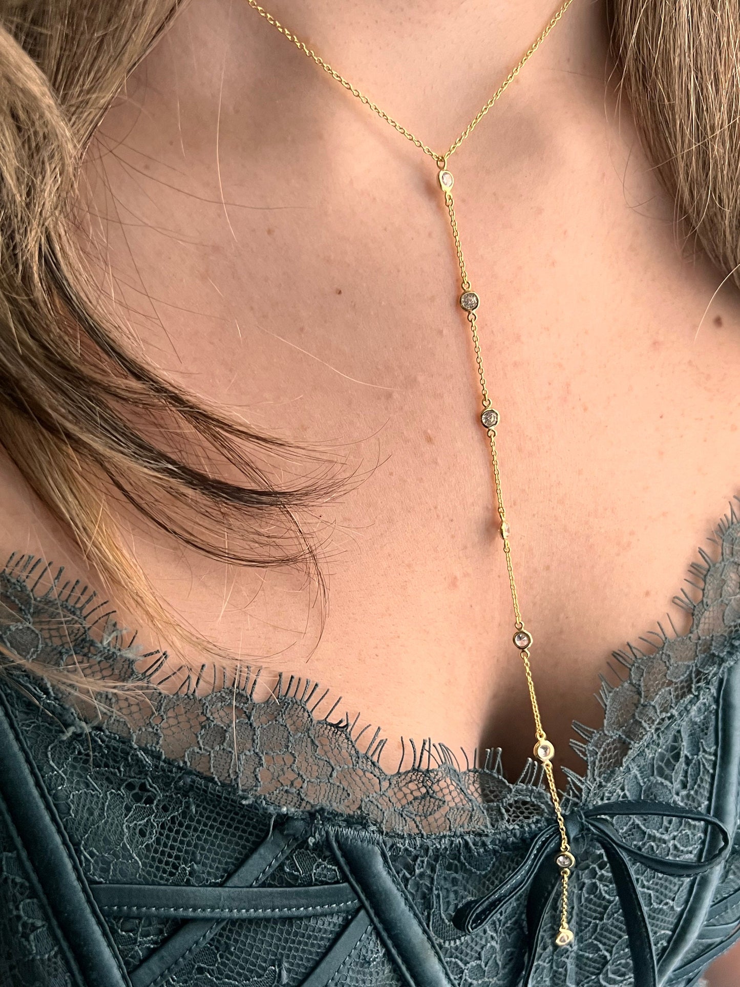 14 K Gold Plated Lariat Necklace with CZ Dainty Layering necklace minimalist gold jewelry CZ drop pendant gift for her everyday jewelry