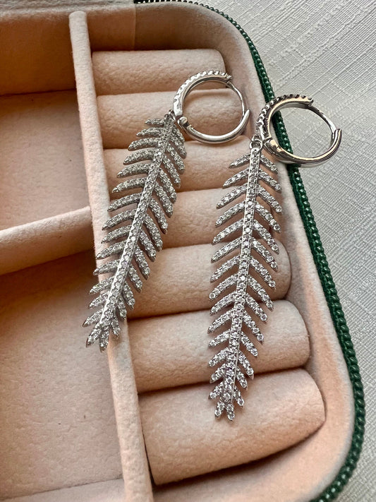 Sterling Silver Feather Dangle Earrings: Cubic Zirconia Leaf Drop Earrings