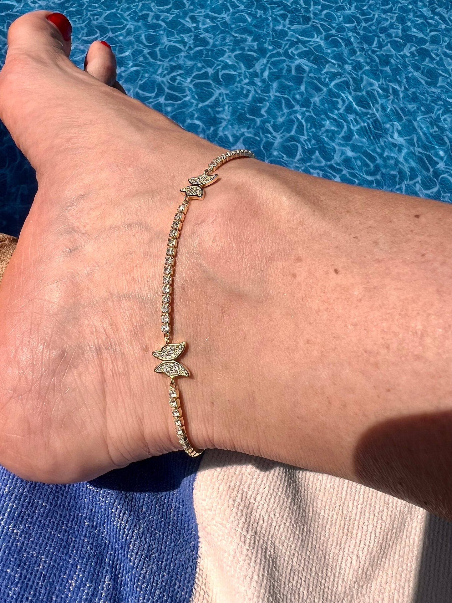 Gold-Plated Butterfly Tennis Ankle Bracelet with Cubic Zirconia