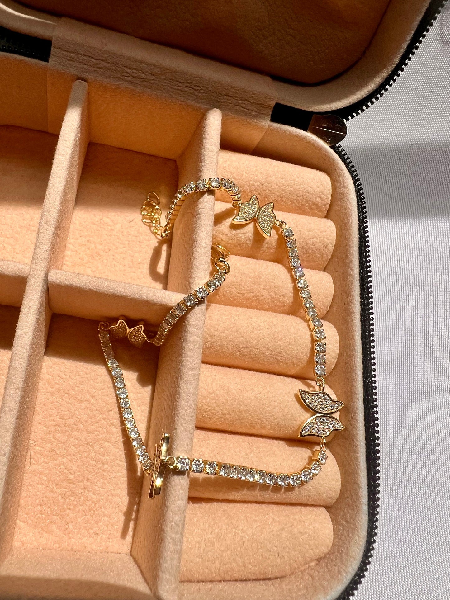 Gold-Plated Butterfly Tennis Ankle Bracelet with Cubic Zirconia