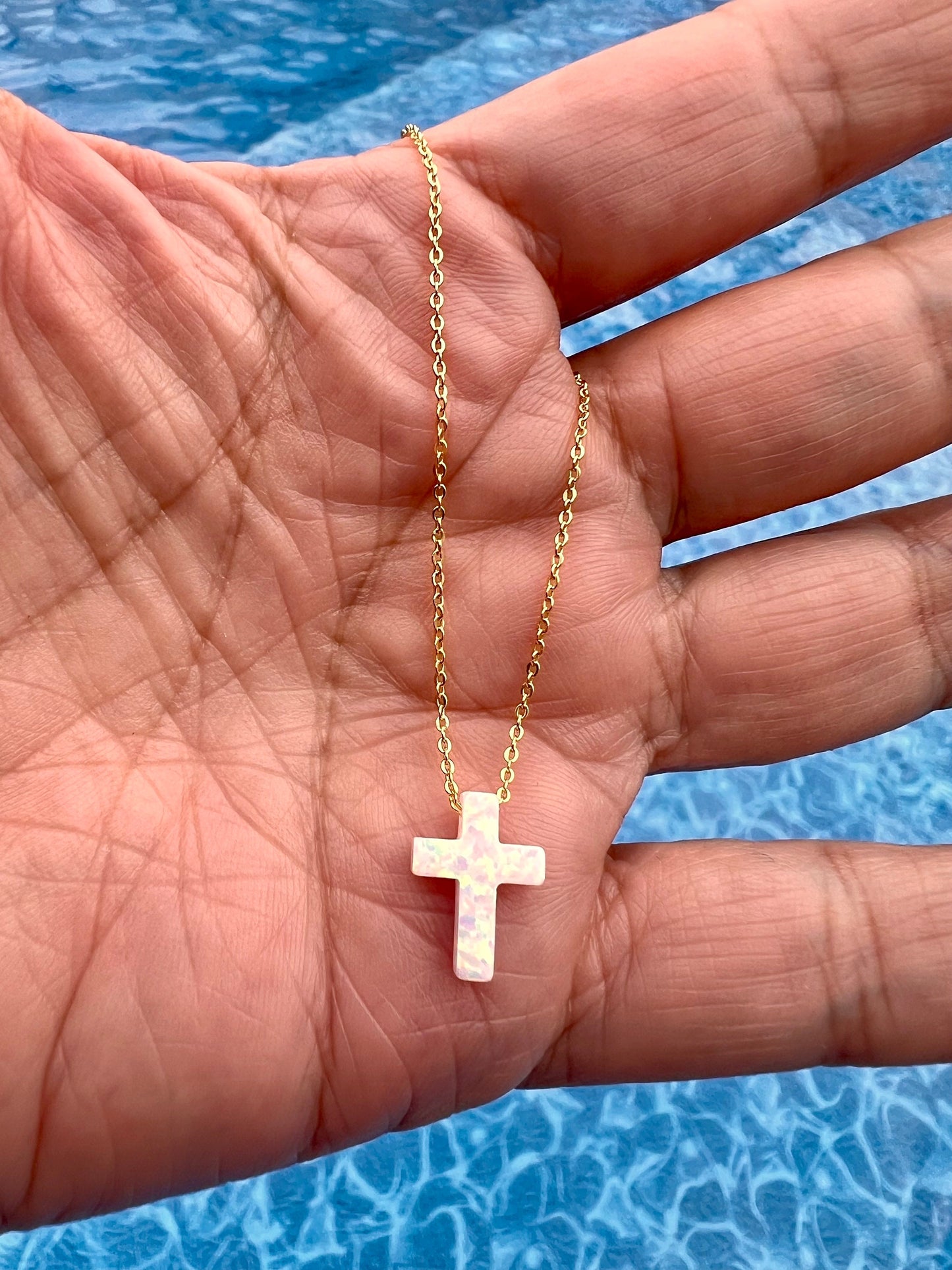 White Opal Cross Necklace: 14k Gold Plated Sterling Silver Pendant