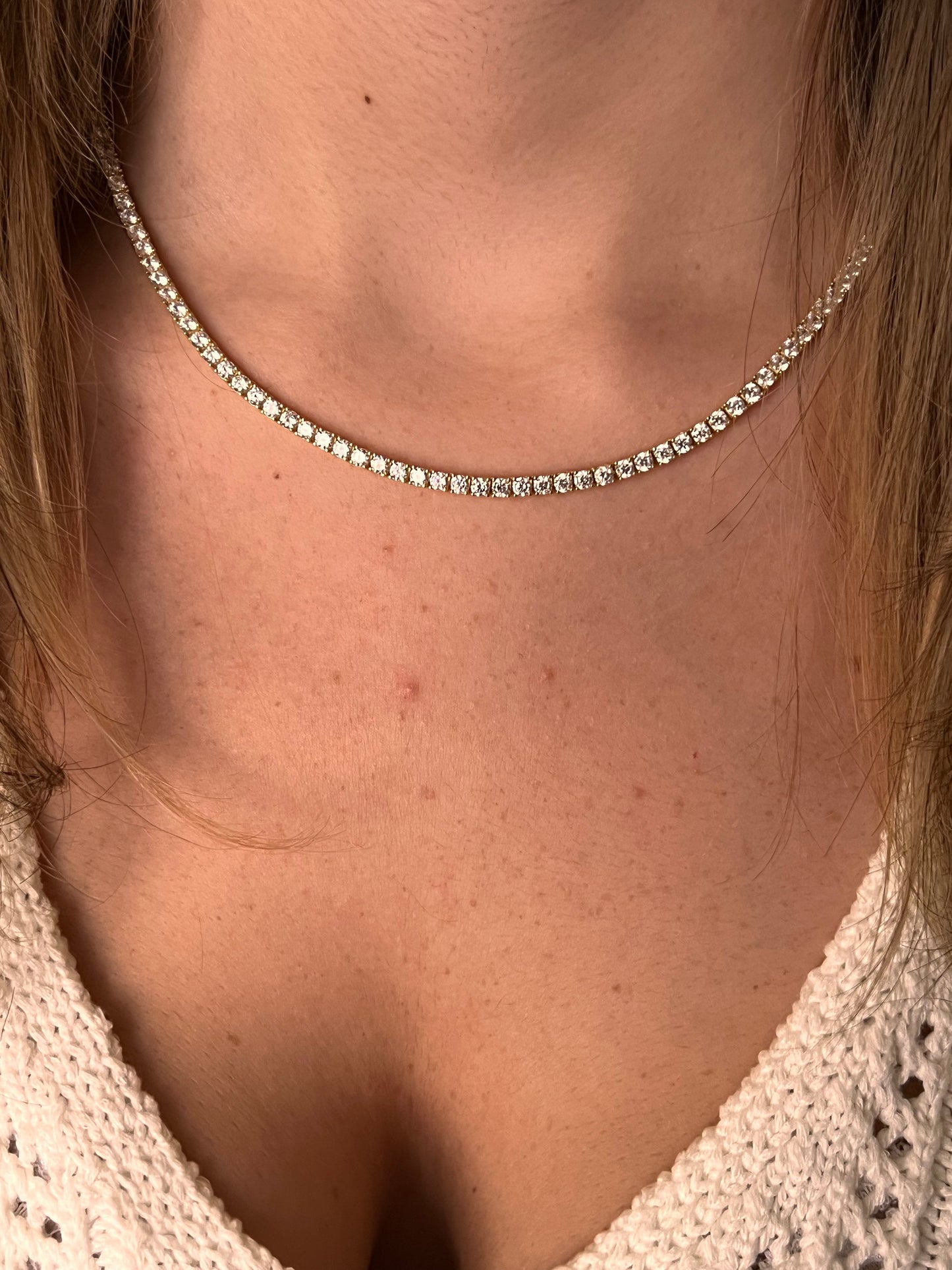 Gold Plated Tennis Necklace: Cubic Zirconia Sterling Silver Bridal Jewelry,Tennis Necklace,Layering Necklace,Gold Stacking Necklace