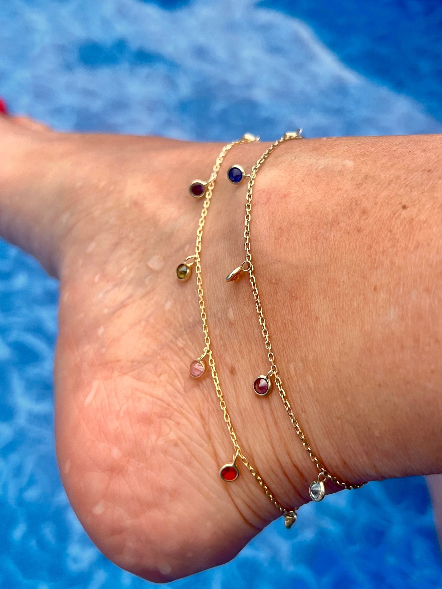 Gold-Plated Multicolor Cubic Zirconia Dangling Ankle Bracelet