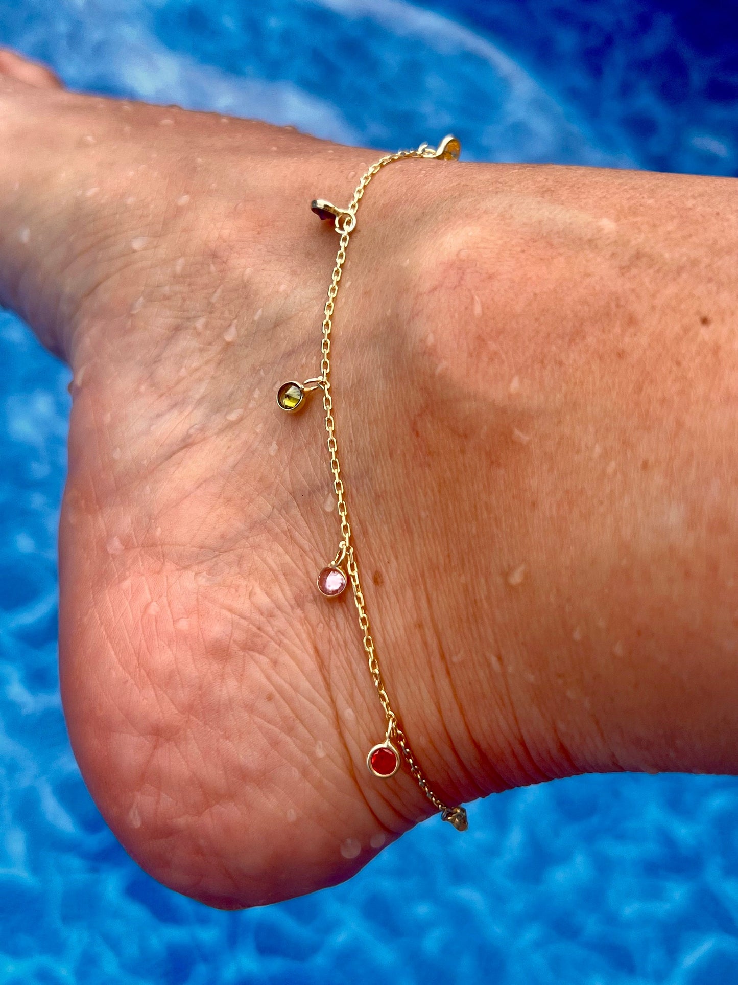 Gold-Plated Multicolor Cubic Zirconia Dangling Ankle Bracelet