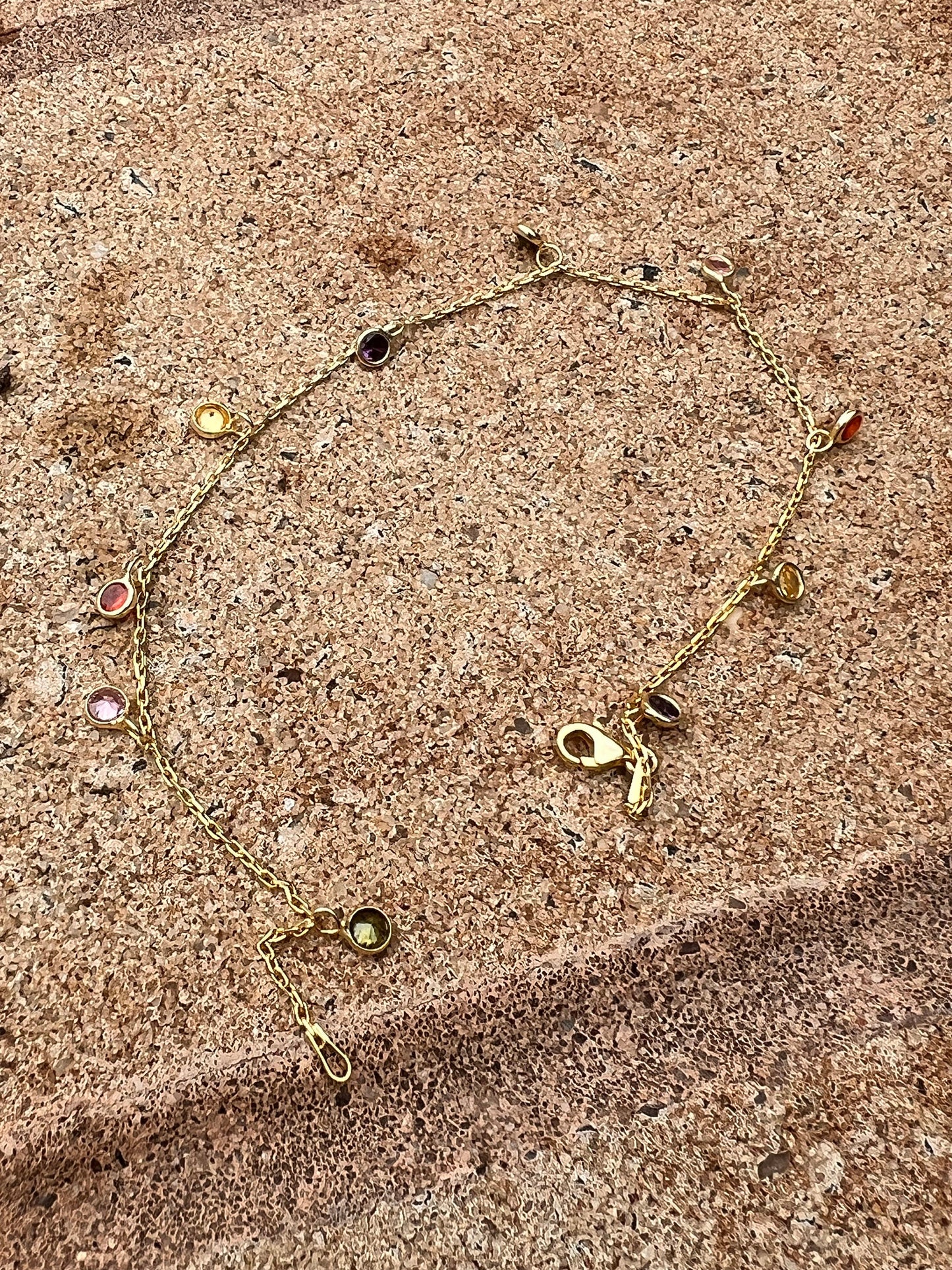 Gold-Plated Multicolor Cubic Zirconia Dangling Ankle Bracelet