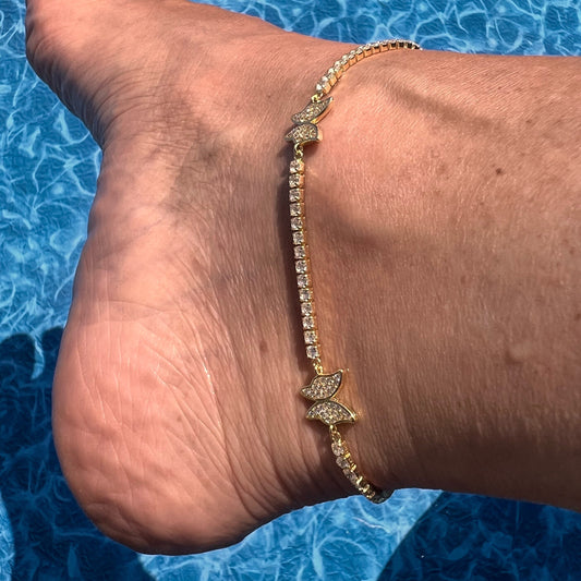 Gold-Plated Butterfly Tennis Ankle Bracelet with Cubic Zirconia