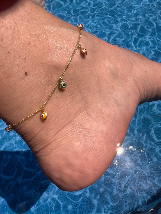 Gold Plated Evil Eye Anklet: Multicolor Boho Charm Bracelet