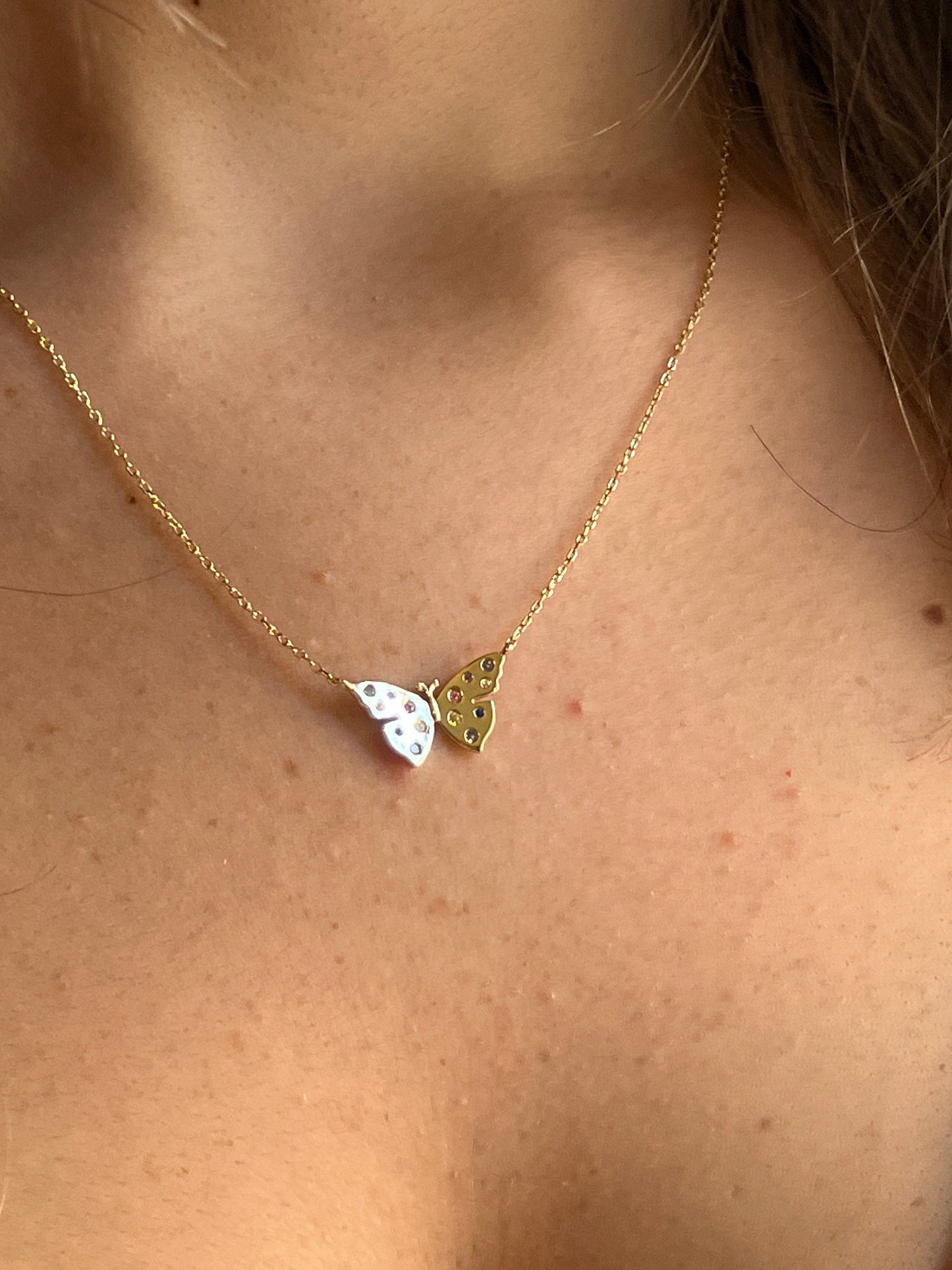 14k Gold Plated Butterfly Necklace: Colorful Charm Layering Necklace