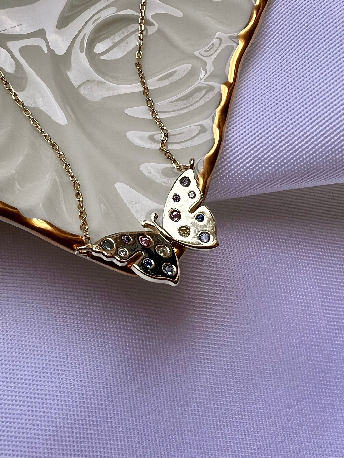 14k Gold Plated Butterfly Necklace: Colorful Charm Layering Necklace