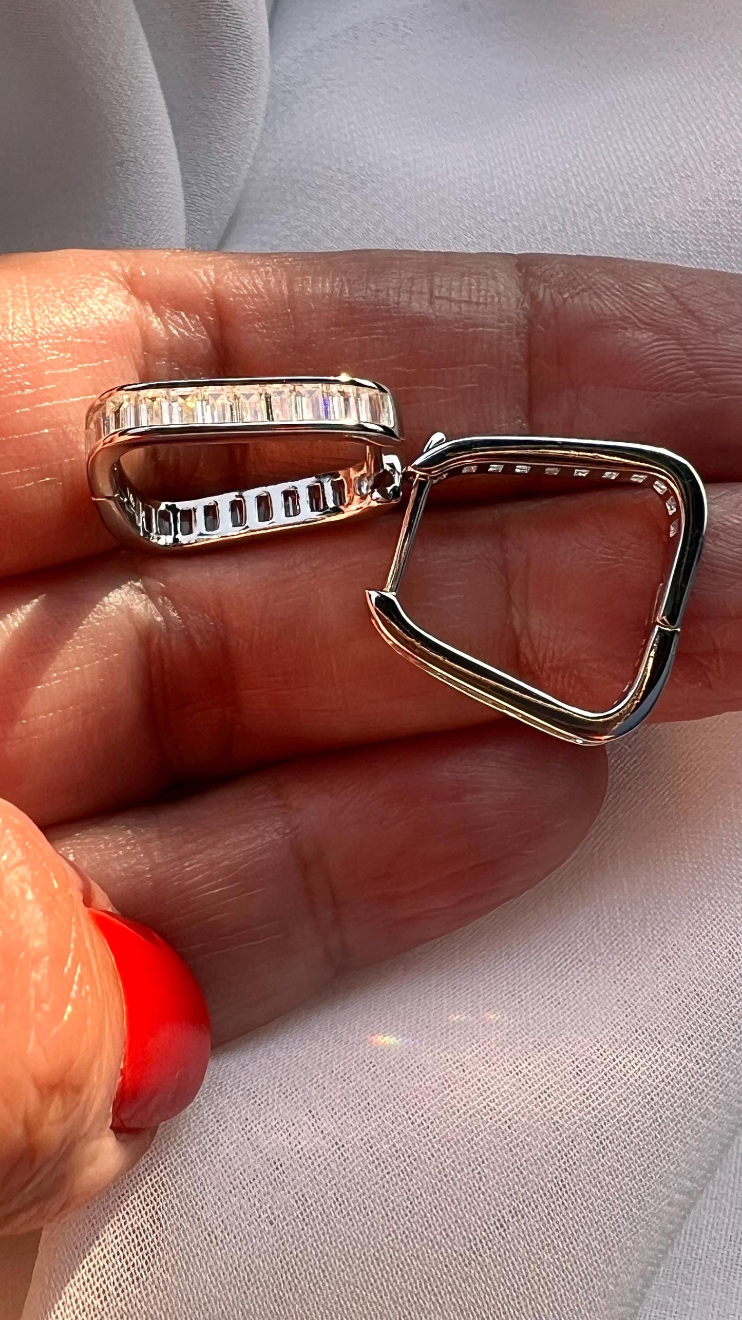 Sterling Silver Square Hoop Earrings: Baguette Cubic Zirconia Huggies