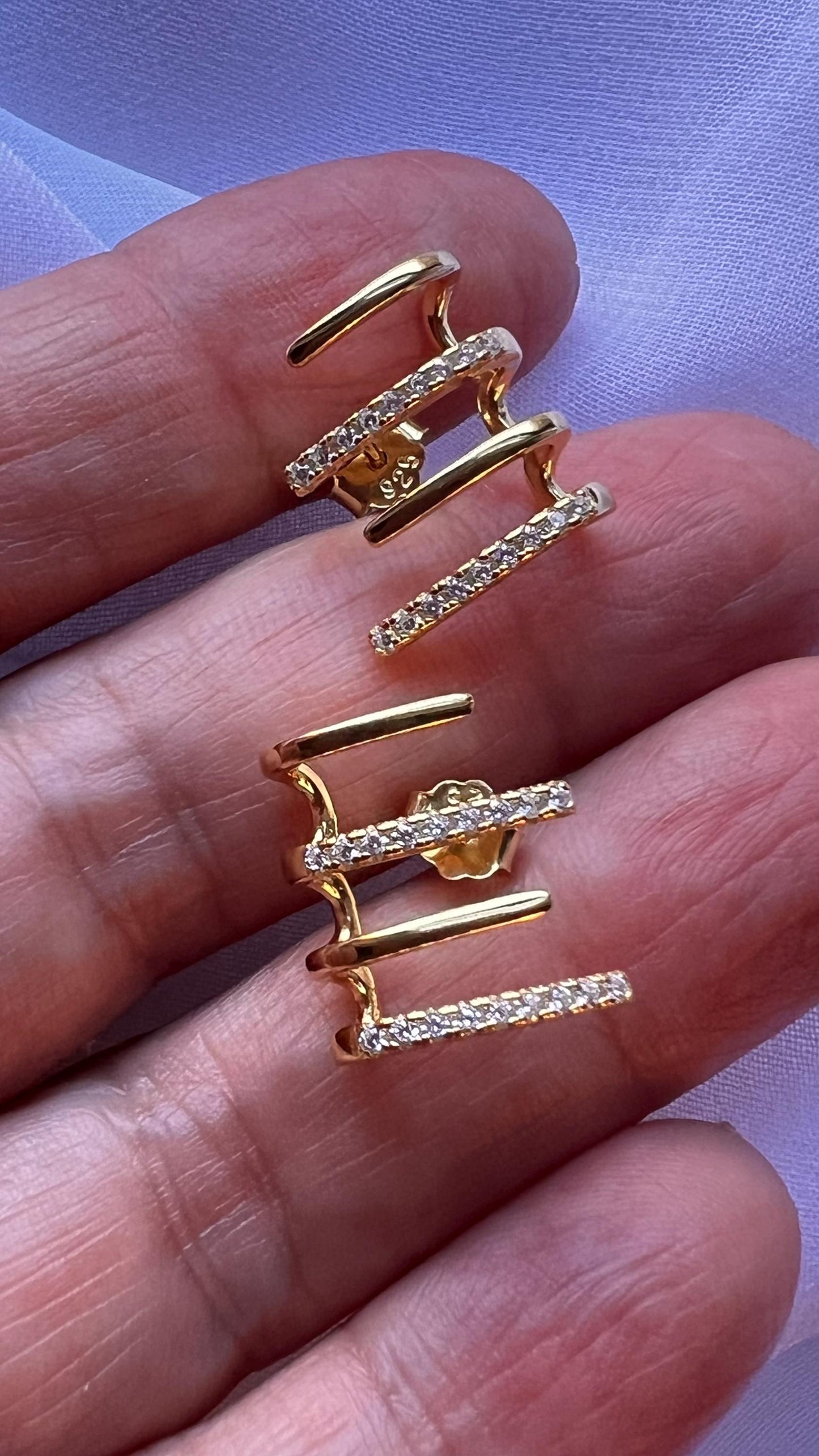 Triple thin claw stud earrings, three rows CZ small hook earrings, CZ huggies  triple caged stud earrings triple cuff earring conch piercing