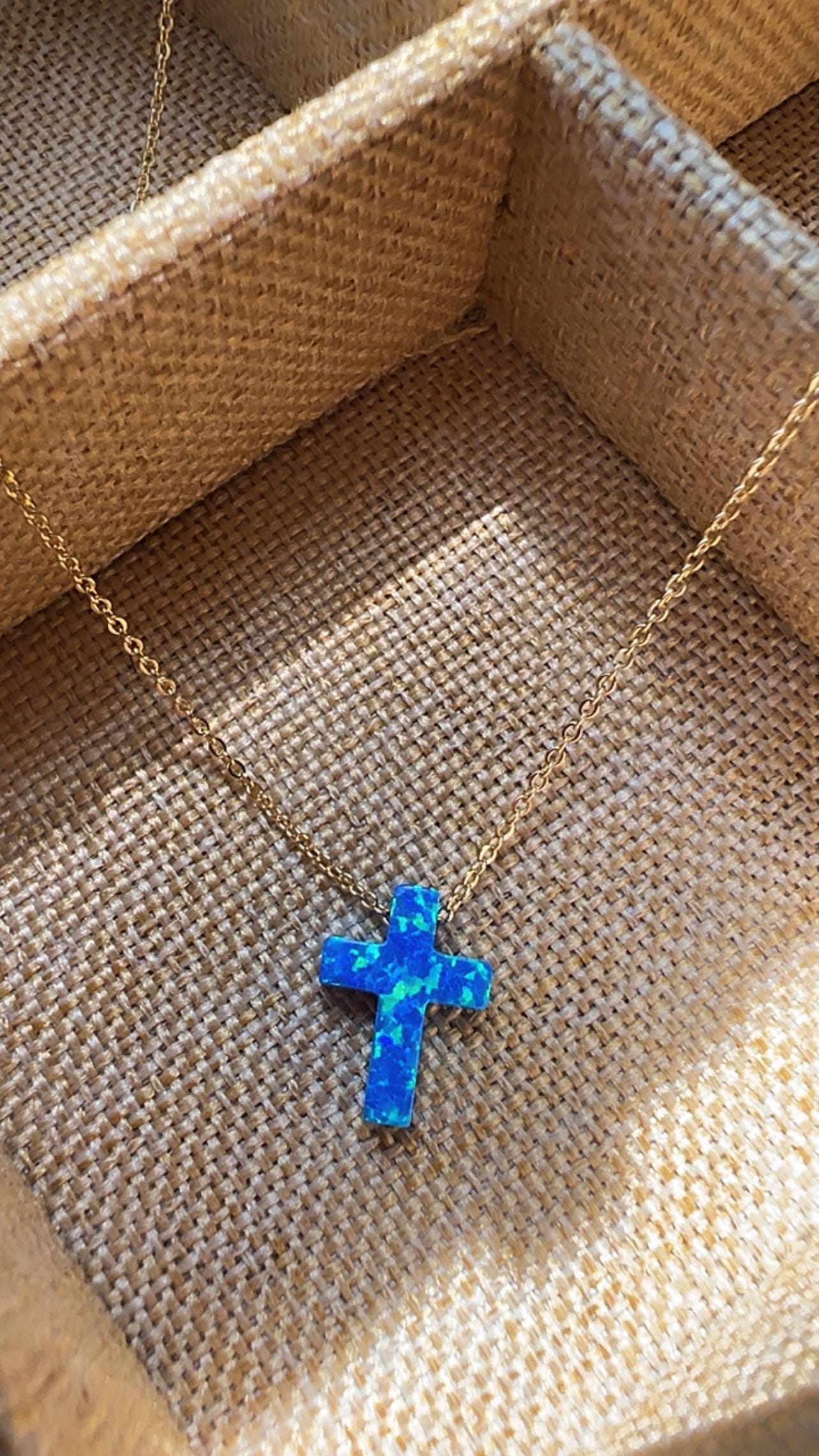 Blue Opal Cross Necklace: Gold Plated Sterling Silver, Dainty Charm
