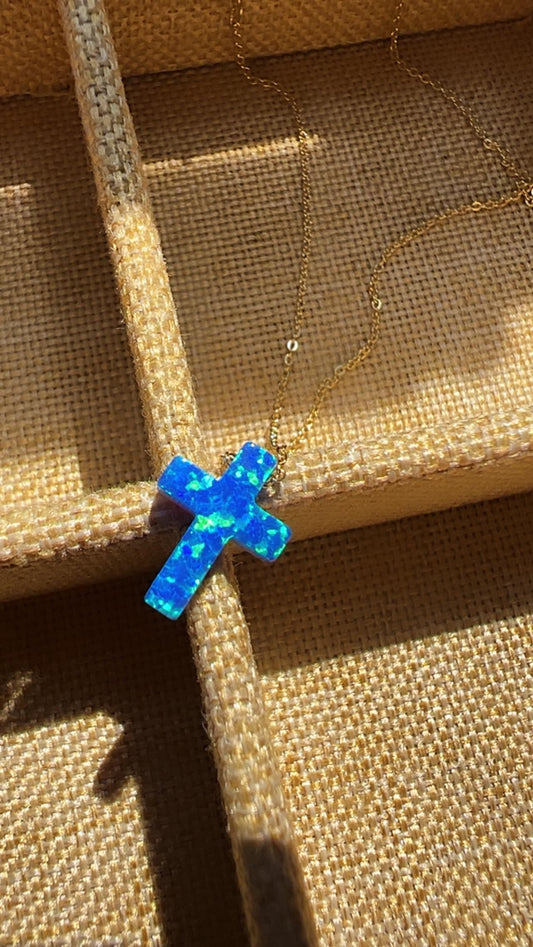 Blue Opal Cross Necklace: Gold Plated Sterling Silver, Dainty Charm